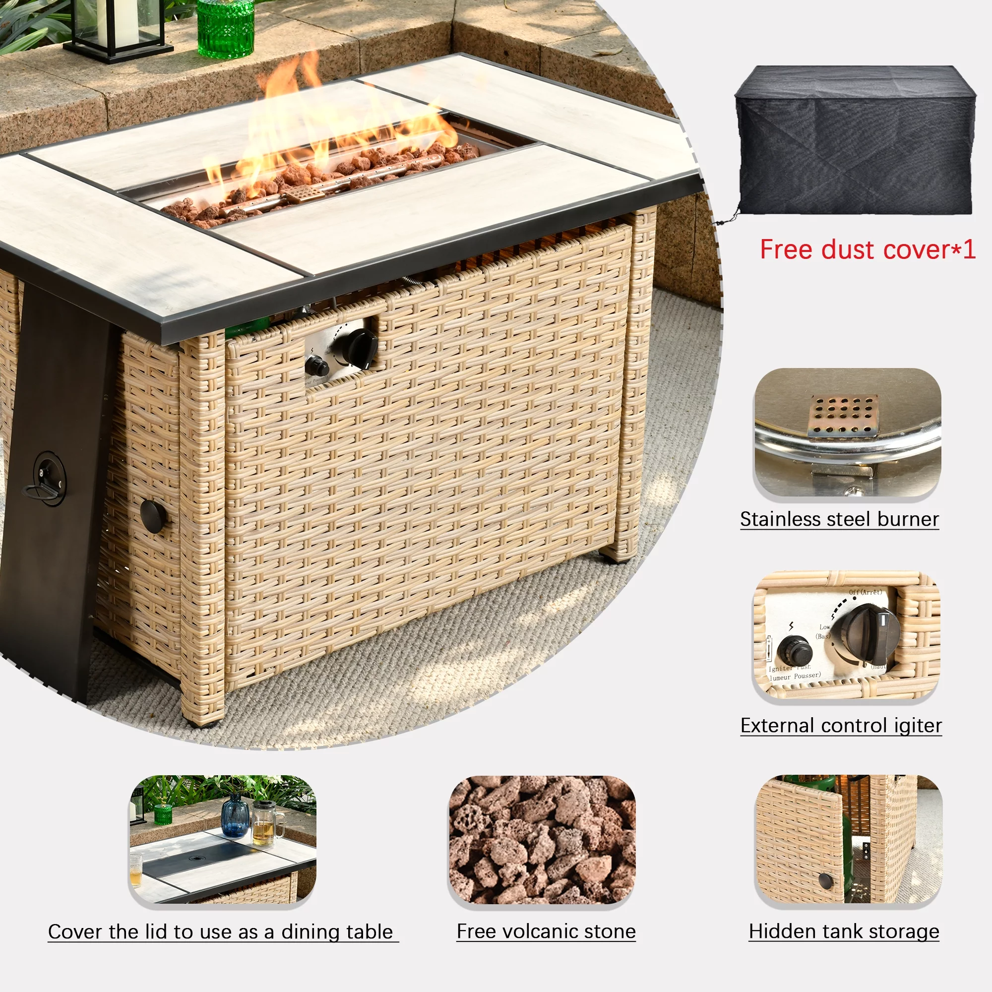 Ovios Outdoor Wicker Propane Fire Pit Table 42-Inch 50,000 BTU Flame Gas Fire Pits for Patio with Waterproof Cover & Lid Rectangle - Womvr