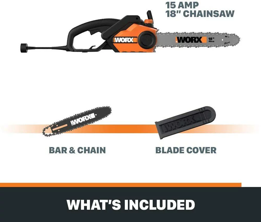 Worx WG304.2 18in 15 Amp Electric Chainsaw with Auto-Tension, Chain Brake - Womvr