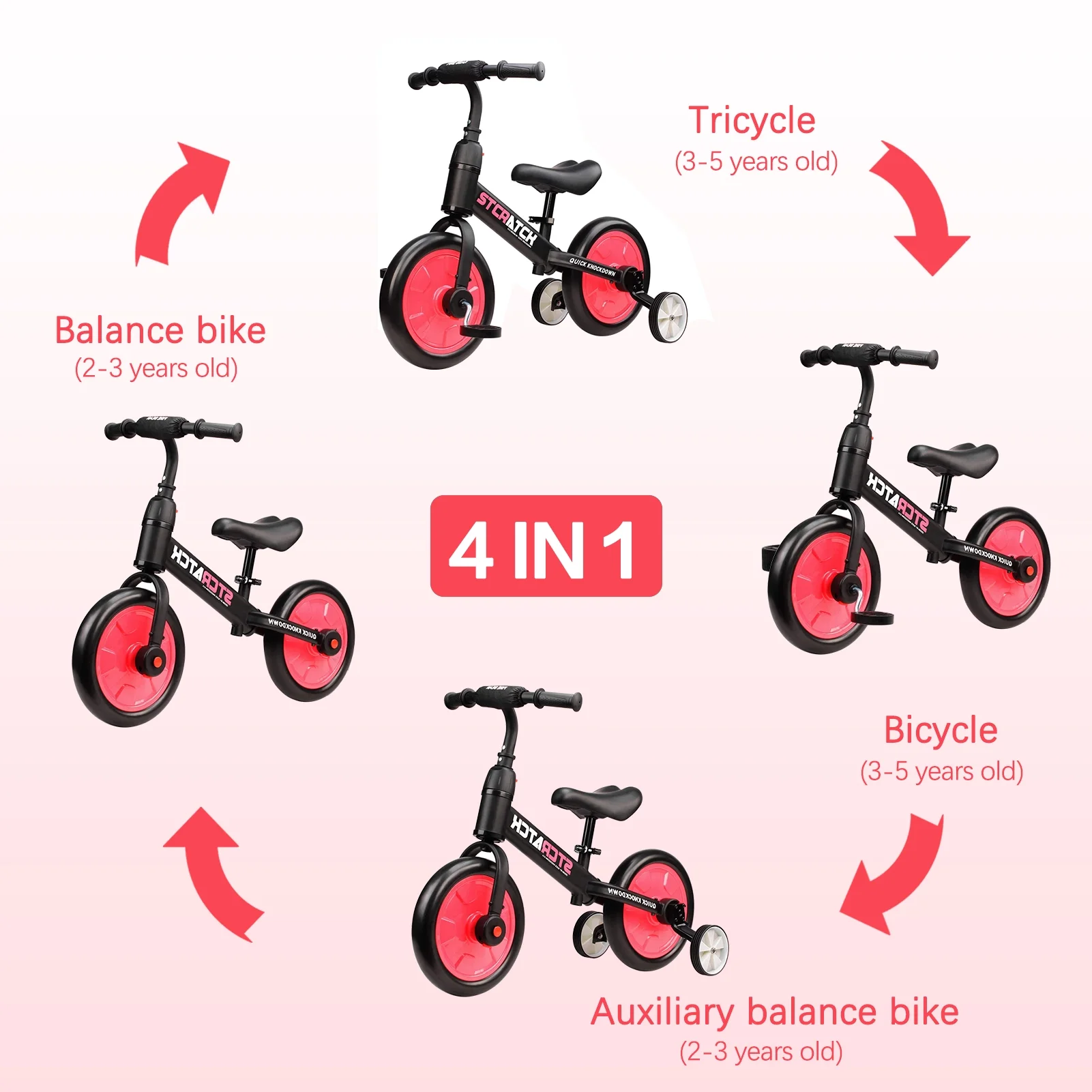 WLRETMCI Kid Balance Bike, 4 in 1 Toddlers Training Bicycle for 2-5 Years Old Boys Girls, Lightweight with Pedals and Training Wheels, Red Christmas Gifts - Womvr