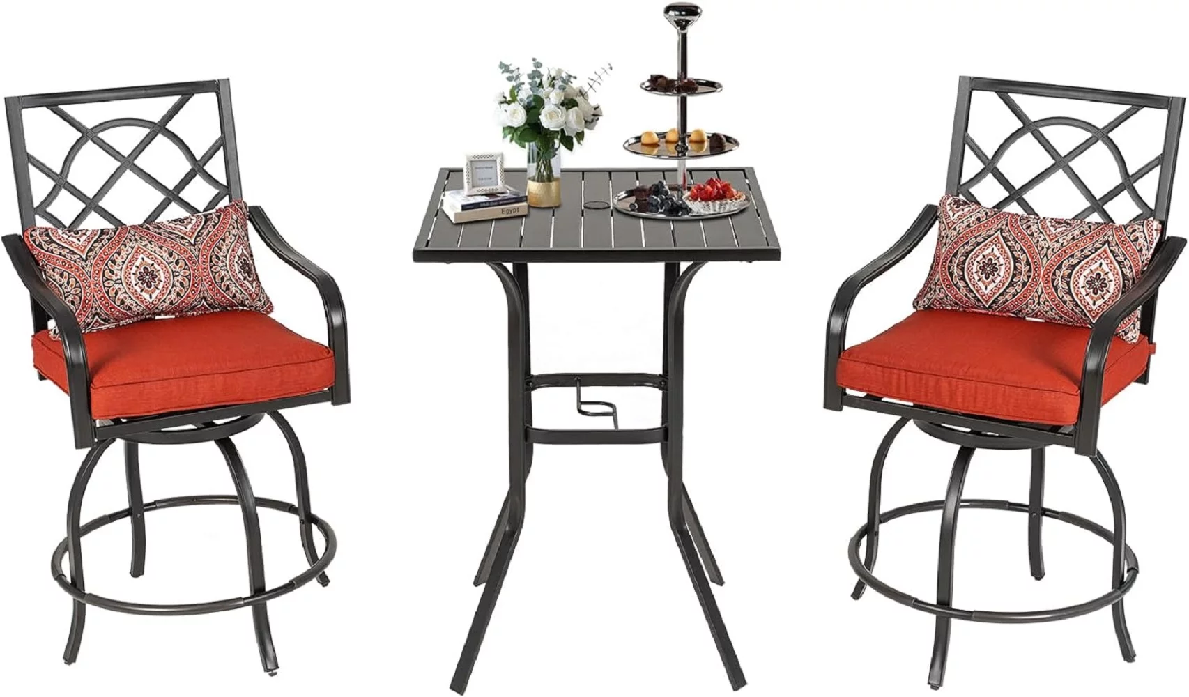 SOLAURA 3 Pieces Outdoor Patio Bar Height Bistro Set with Metal Swivel Bar Stools and Height Table, Black - Womvr