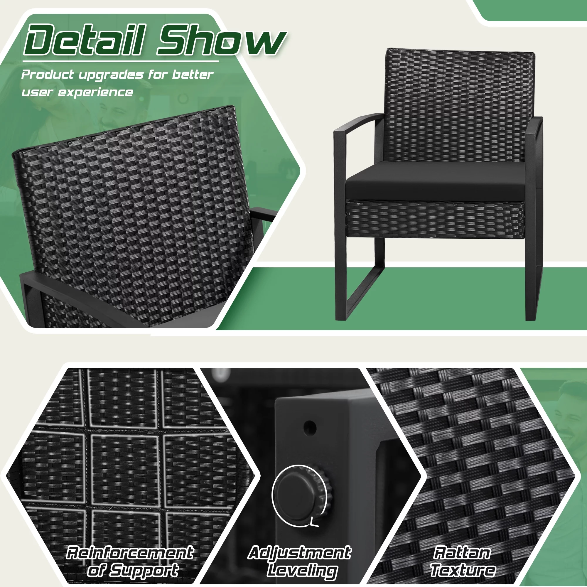 Homall Patio Furniture 3-Piece Set Casual Wicker Chair Bistro Chair with Coffee Table, Black - Womvr