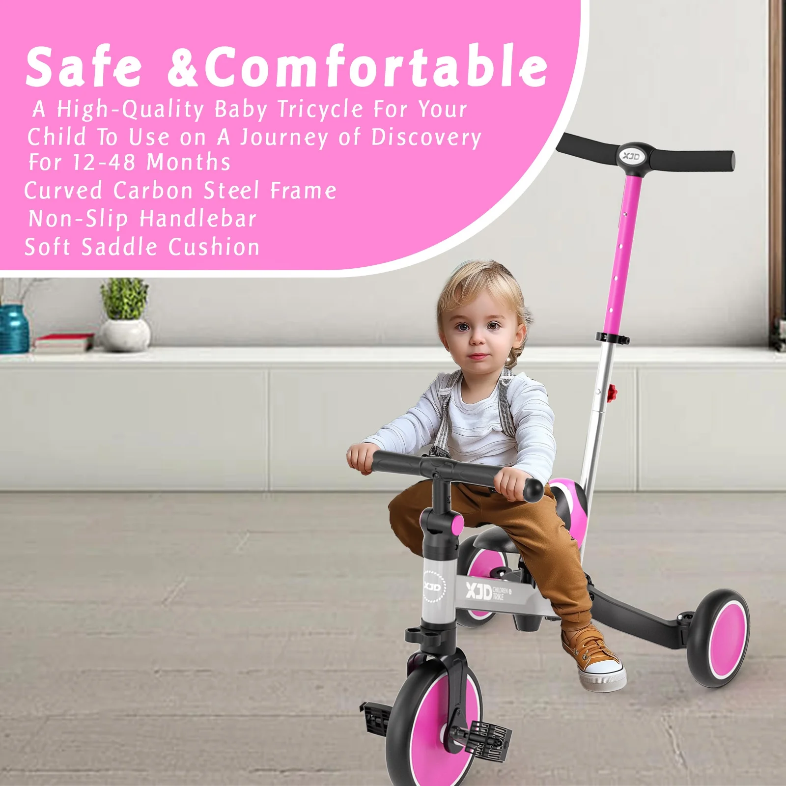 XJD 7 in 1 Toddler Tricycle with Push Handle,Toddler Bike for 1-3 Years Old Boy Girl, Toddler Push Tricycle, Baby Bike Balance Bike with Adjustable Seat Height and Removable Pedal - Womvr