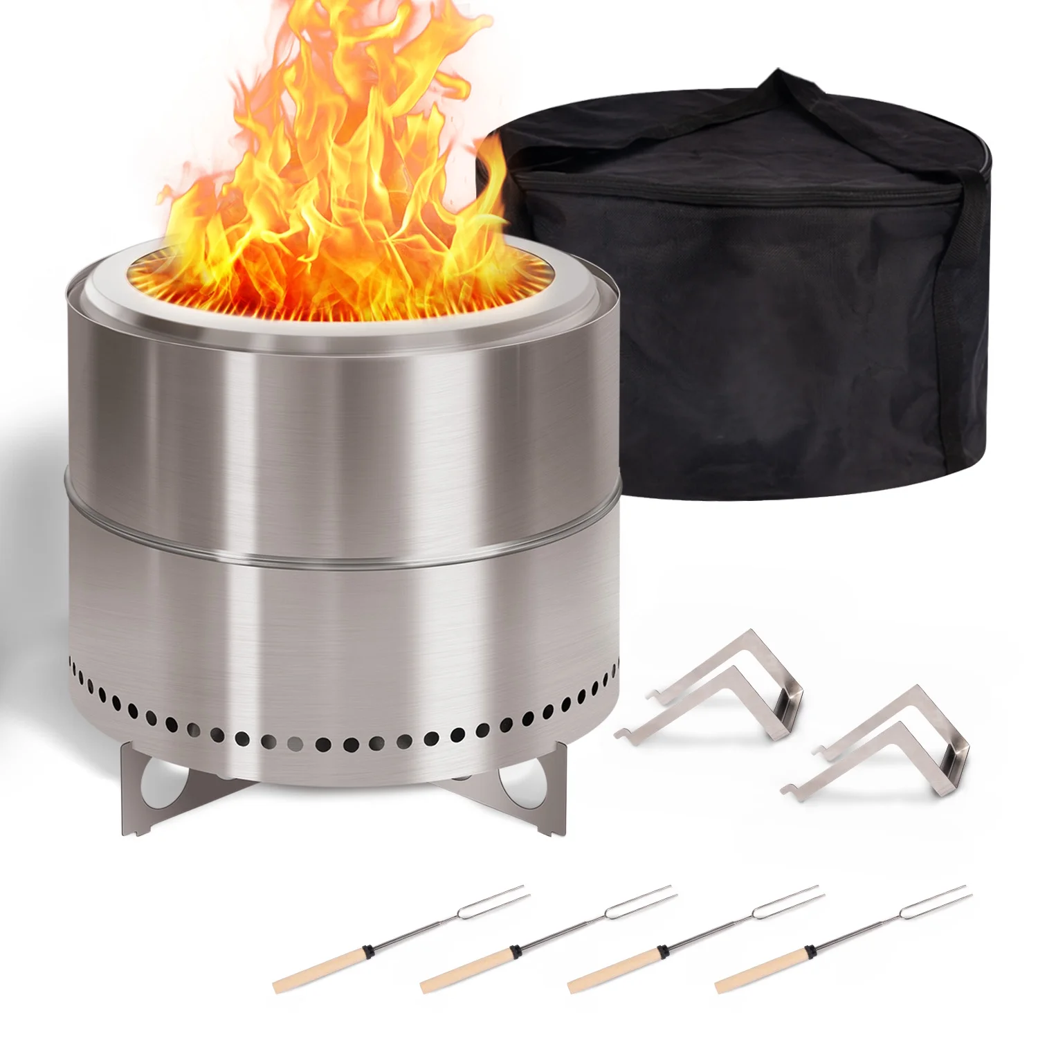 Smokeless Fire Pit for Camping with Stand & Bag & Sticks & Holders,304 Stainless Steel,15inch - Womvr