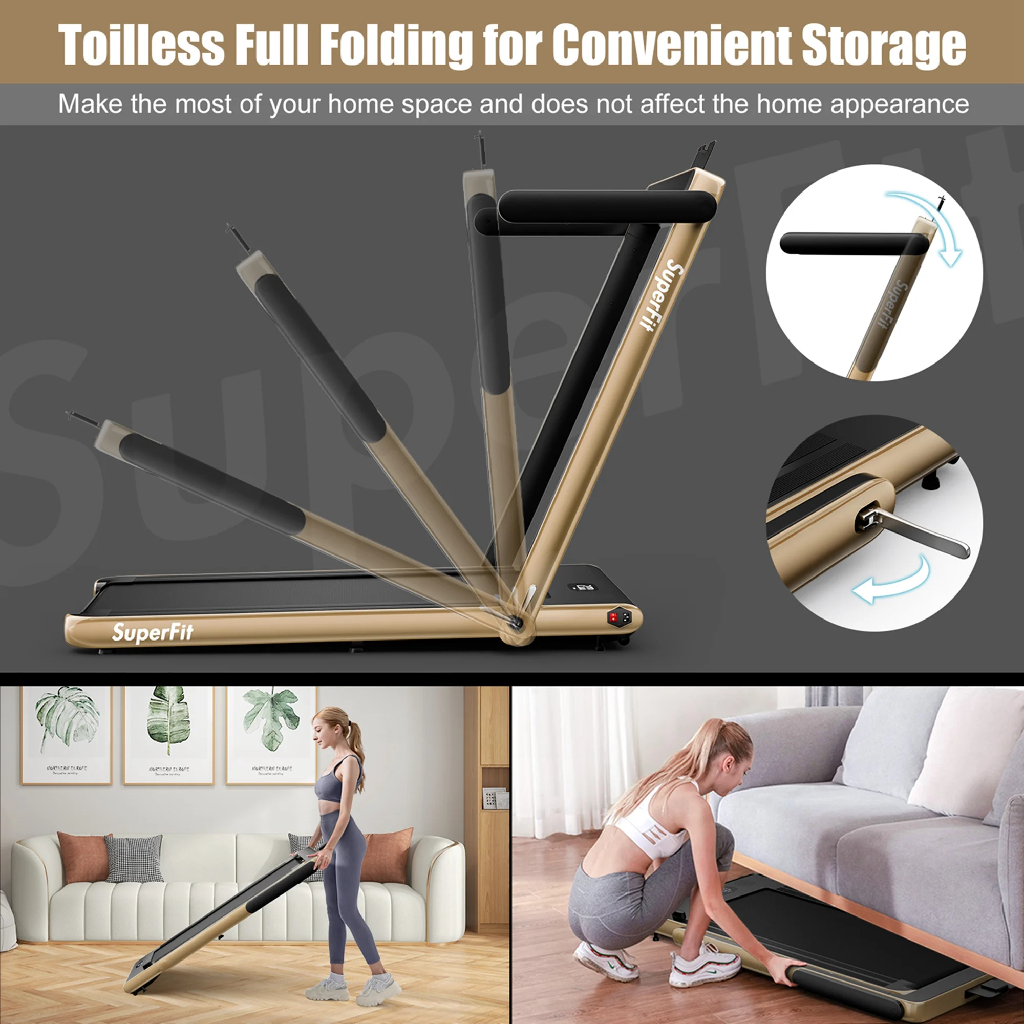 SuperFit Up To 7.5MPH 2.25HP 2 in 1 Single Display Screen Folding Treadmill Remote Control W/ APP Control Speaker Black - Womvr