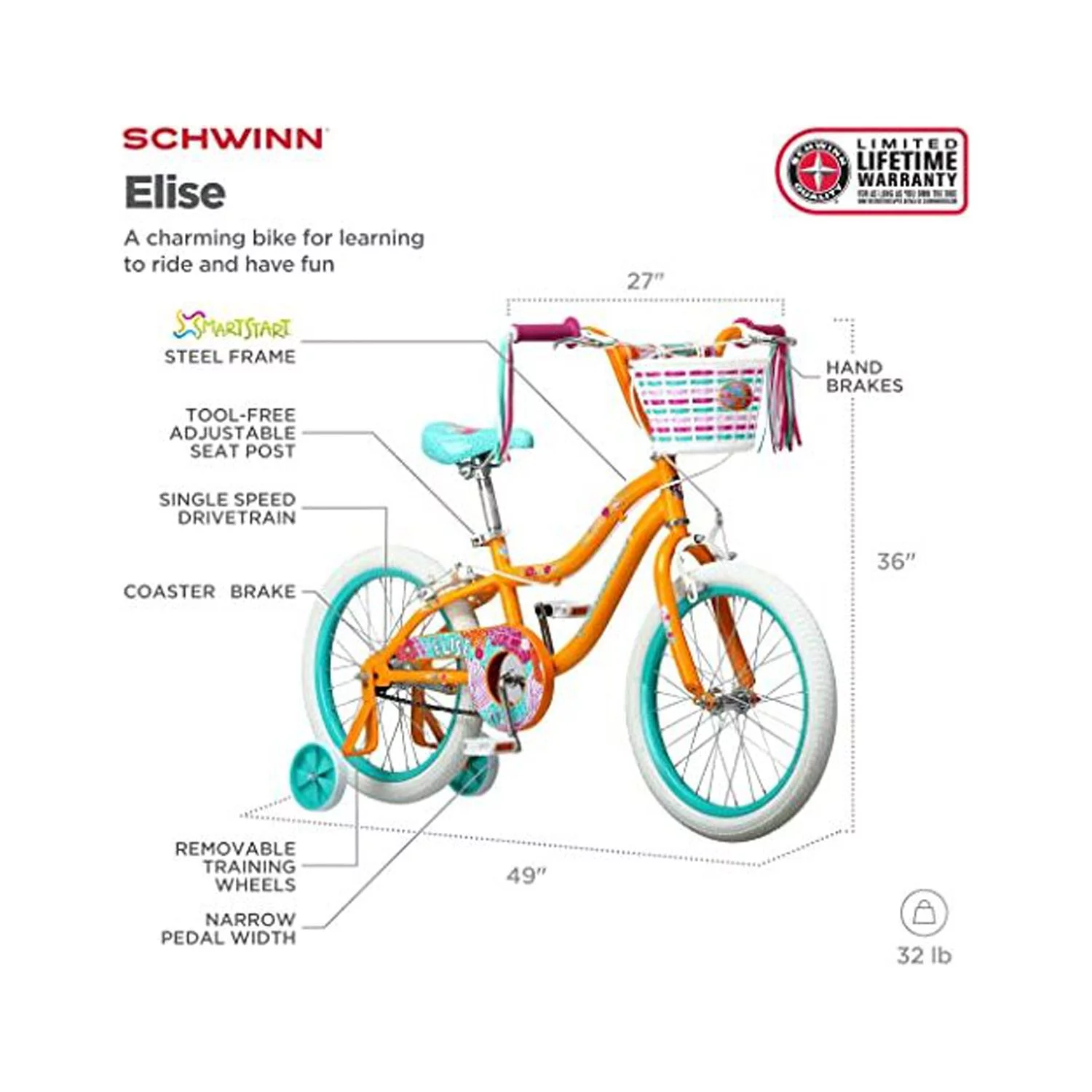 Schwinn S0809 18 in. Girls Elise Sidewalk Bicycle, Yellow - Womvr