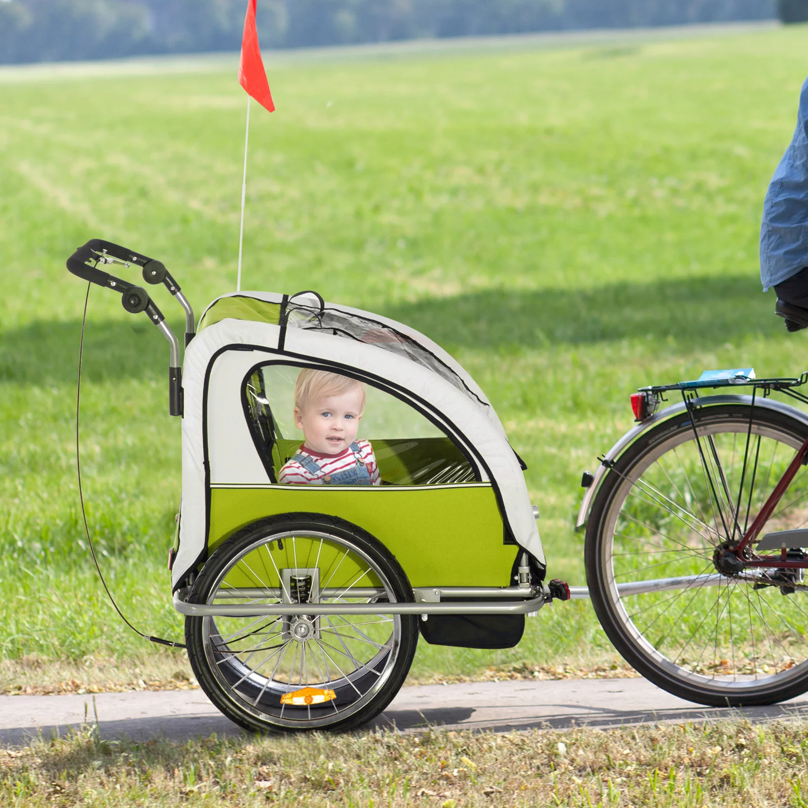 Aosom 2-in-1 Double Child Two-Wheel Bicycle Cargo Trailer with 2 Safety Harnesses, Green - Womvr