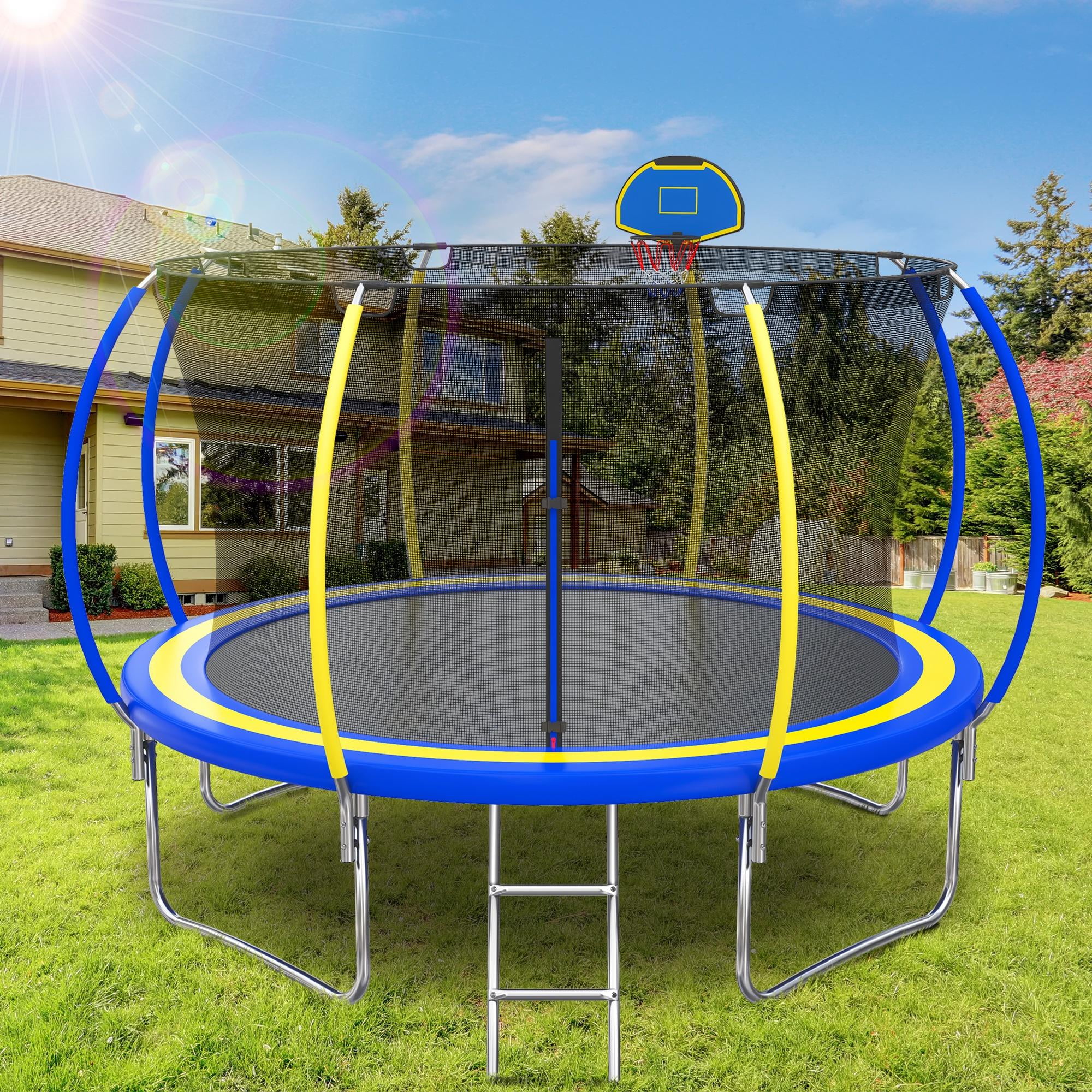 12FT Trampoline for Kids - Seizeen Round Trampoline W/ Enclosure Net & Hoop, Outdoor Colorful Trampoline with Waterproof Cover, Steel Support & Ladder - Womvr