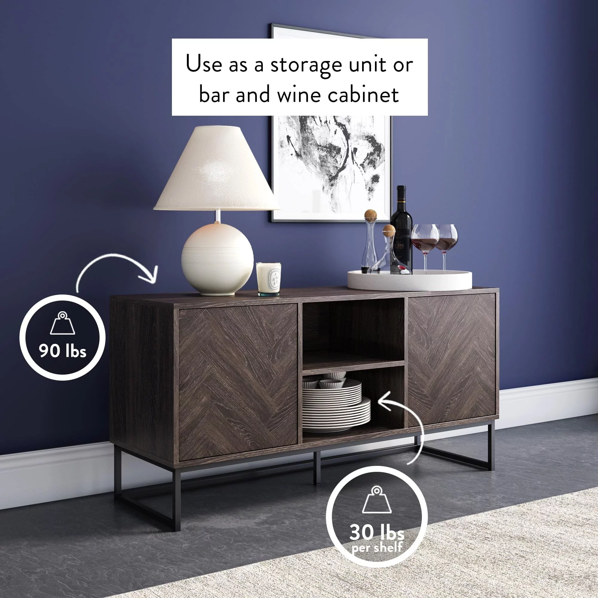 Nathan James Dylan Media Console Cabinet TV Stand with Hidden Storage Herringbone Pattern Wood Metal, Gray/Black - Womvr