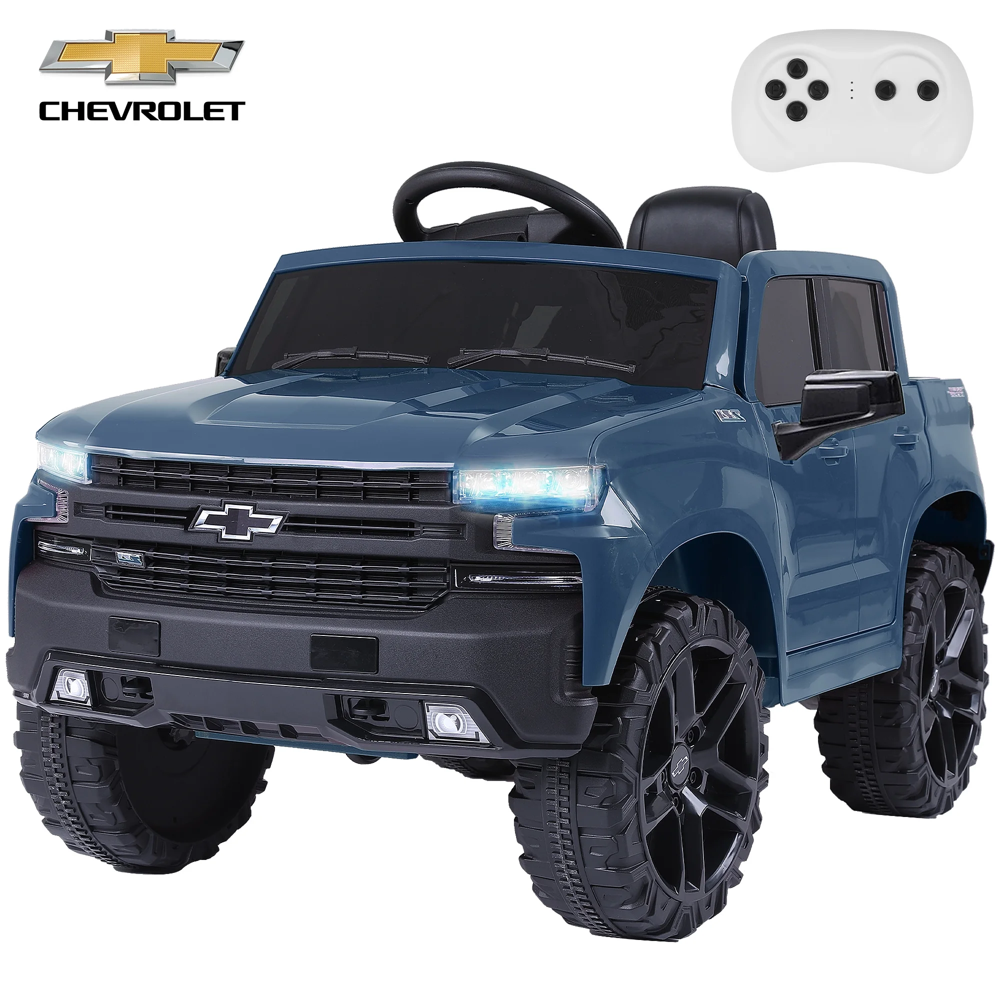 FUNTOK Licensed Chevrolet Silverado 12V Kids Electric Powered Ride on Toy Car with Remote Control & Music Player, Black - Womvr