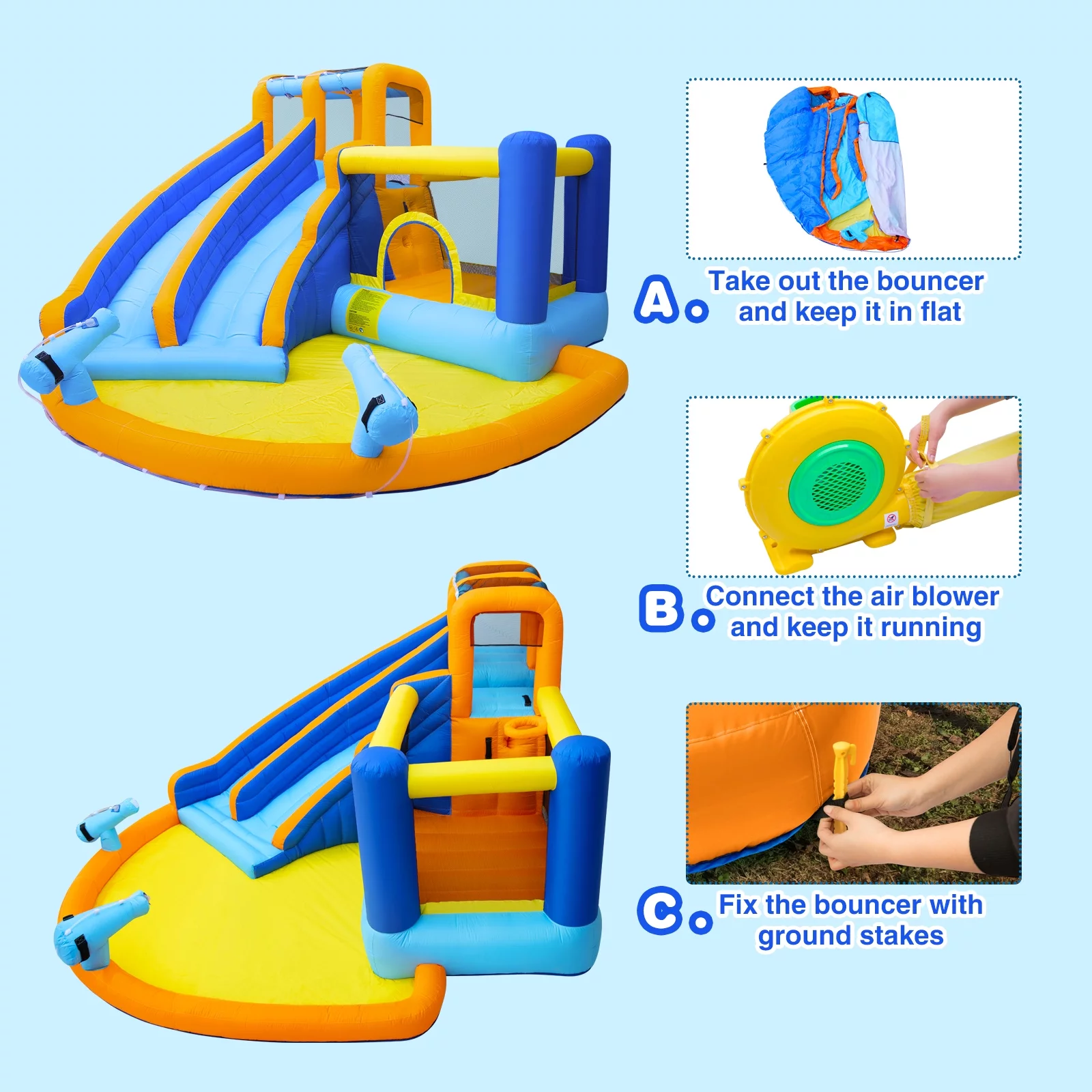 JOYLDIAS Kids Inflatable Water Slide Giant Water Park Double Slide Bouncer Playhouse Castle with 4 Water Guns, Pool, Jump Area, Climbing Wall, Air Blower - Womvr