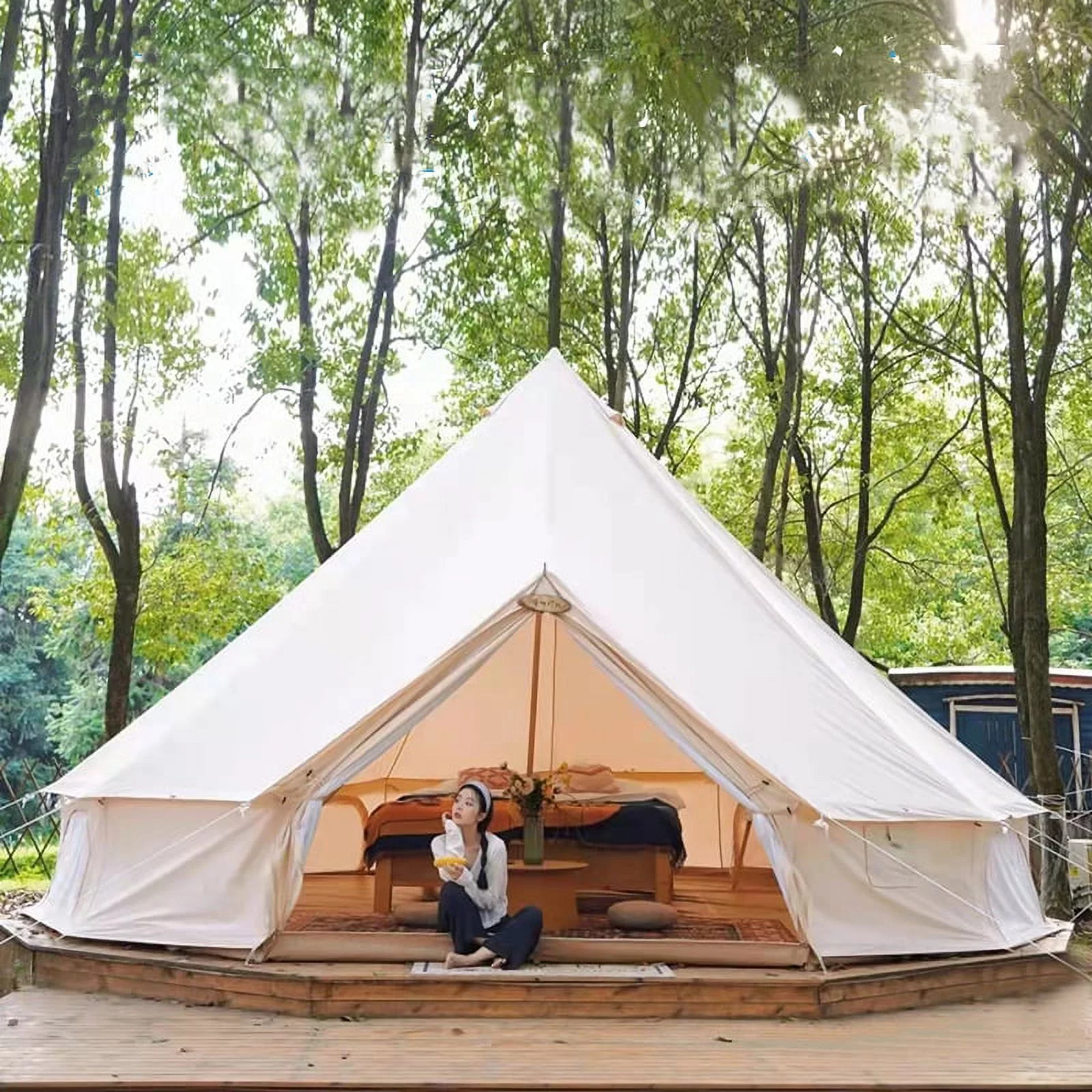 Teepee Tent Outdoor Waterproof 4-Season Family Camping Cotton Canvas Yurt Tent 4M/13.1ft Bell Tent With Stove Hole (Side Wall), For Family Glamping - Womvr