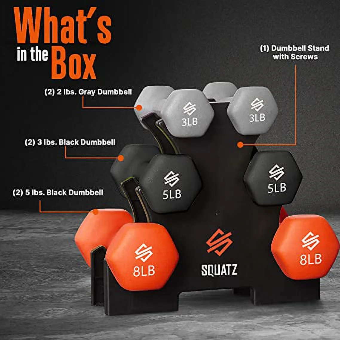 Squatz Dumbbell Weights Set with Stand, 32lbs Neoprene Coated Weights in Color Gray, Black & Orange - Womvr