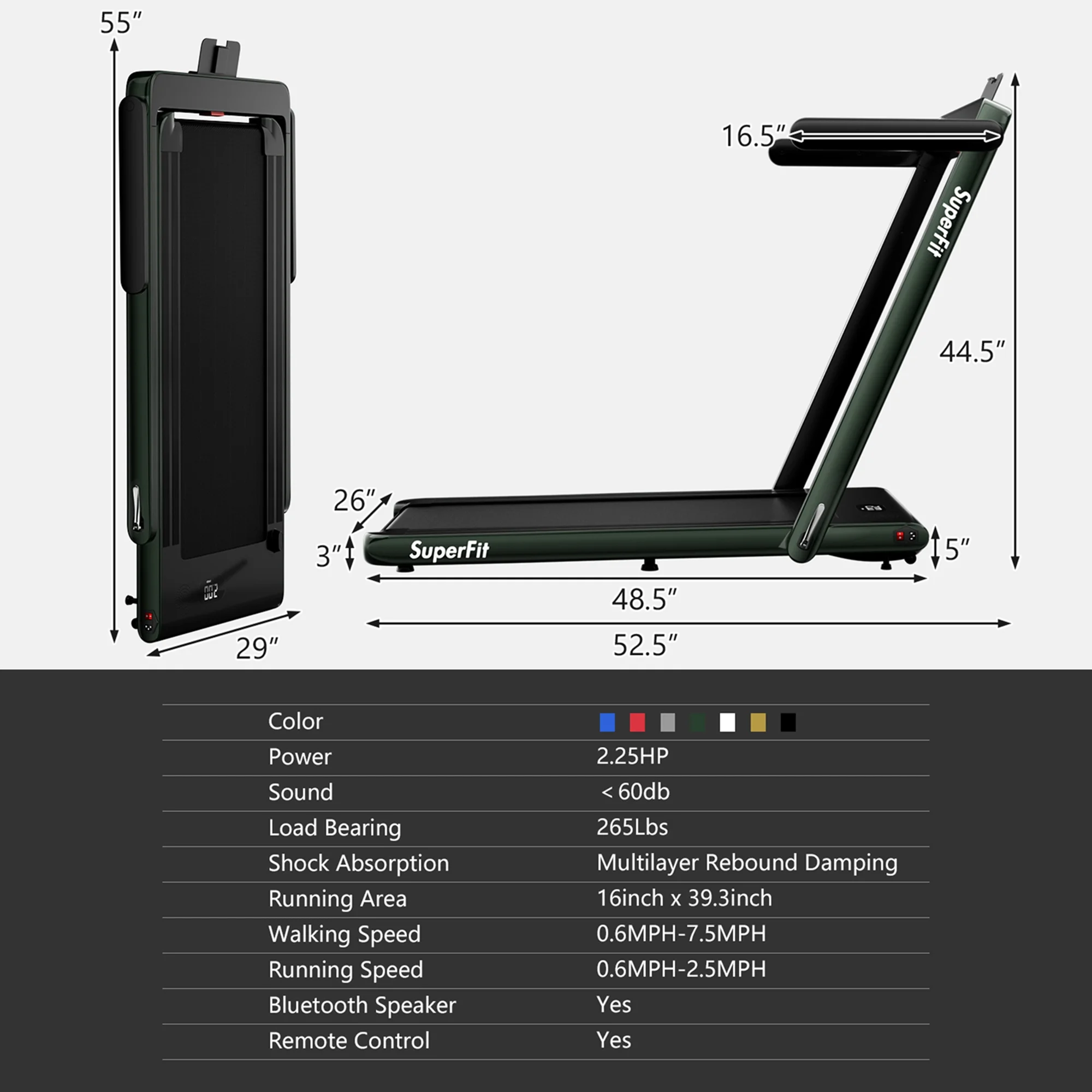 SuperFit Up To 7.5MPH 2.25HP 2 in 1 Single Display Screen Folding Treadmill Remote Control W/ APP Control Speaker Black - Womvr