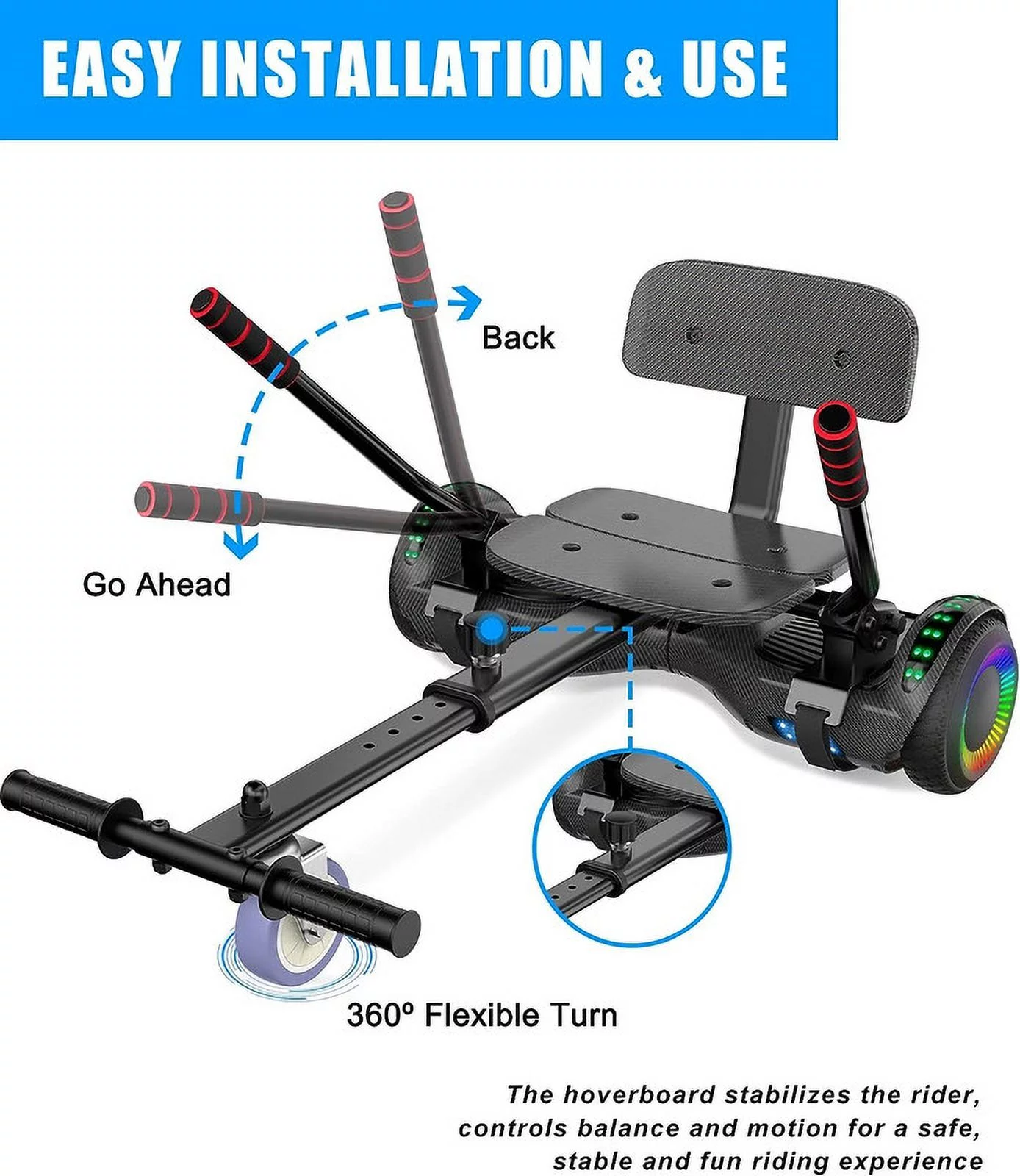SISIGAD Hoverboard with Seat, 6.5 inch Hoverboard Go Kart Combo with Bluetooth Speaker & LED Lights for Kids Adults - Womvr