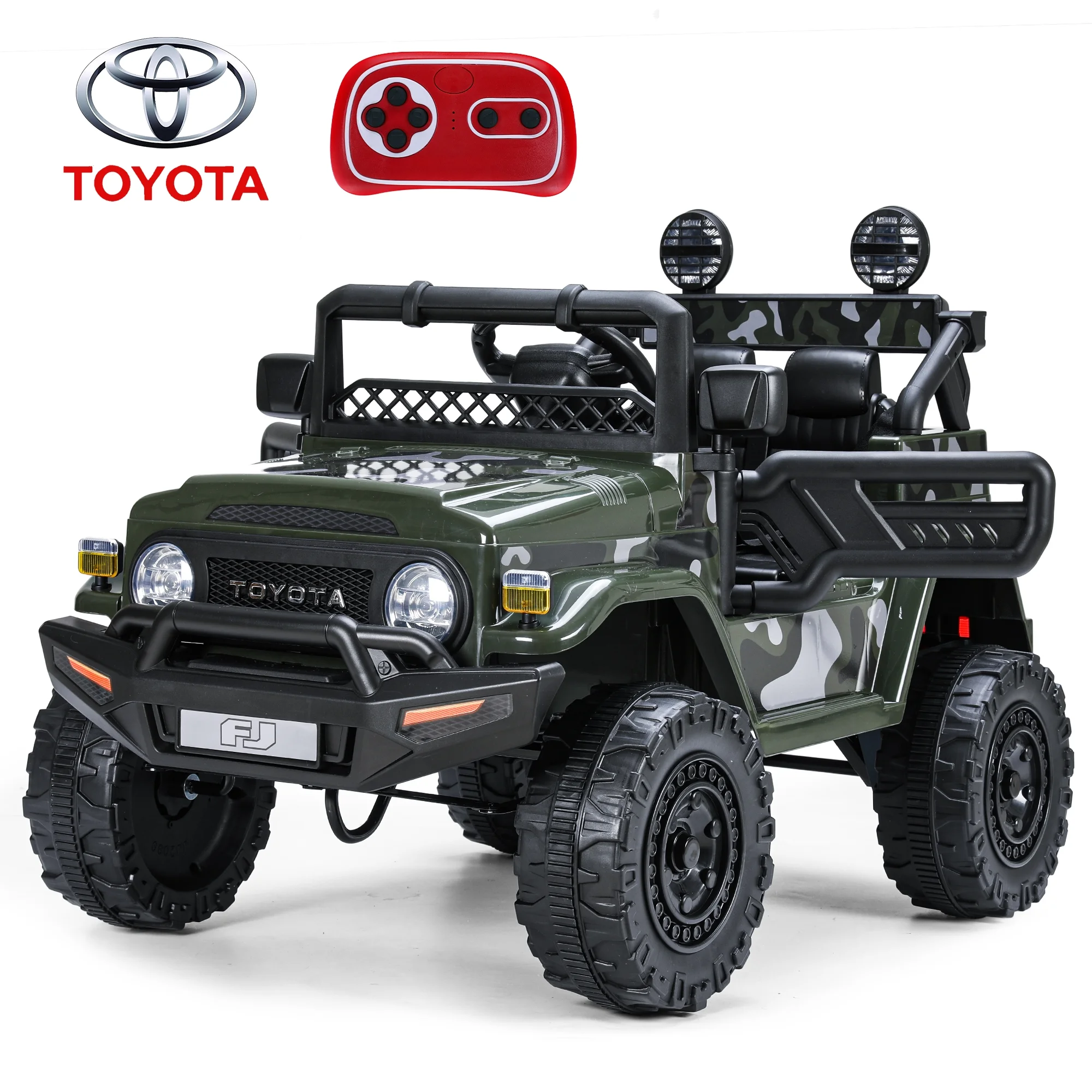 Toyota FJ Cruiser Ride on Car, 12V Powered Off-Road Toys for Kids w/ Remote,Spring Suspension,6 LED Lights,Camo Green - Womvr