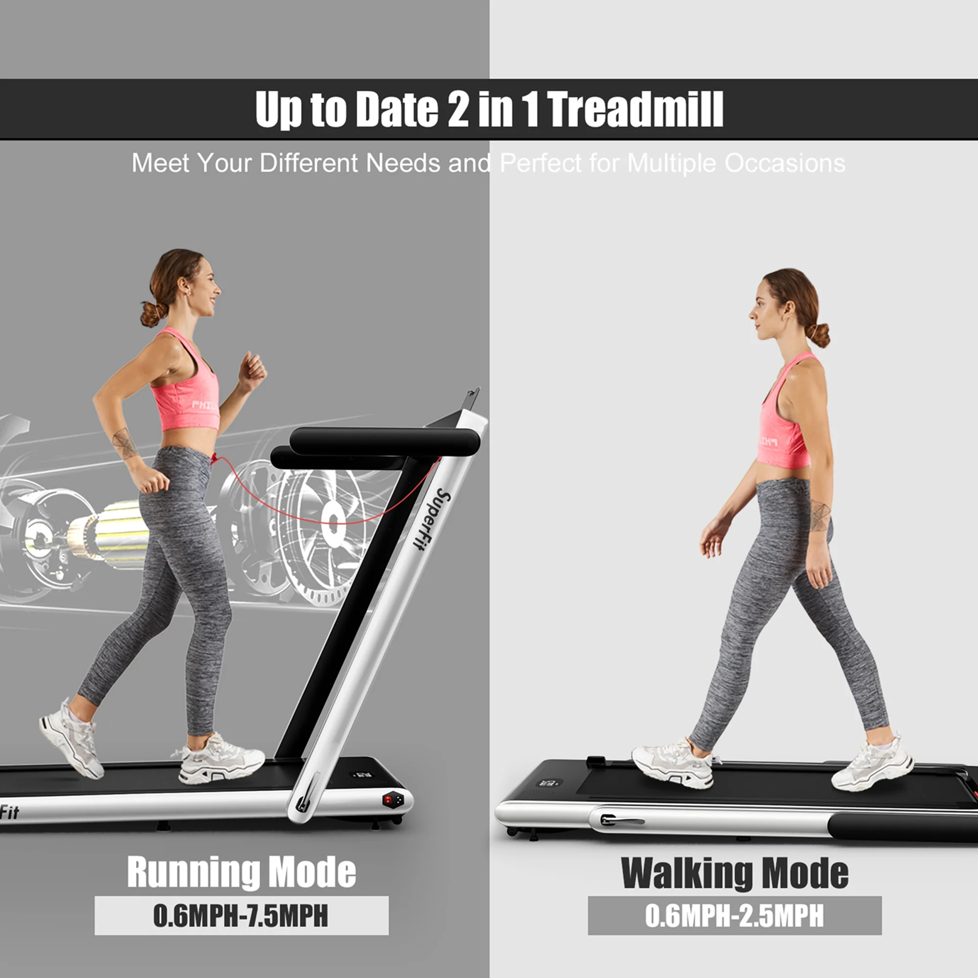 SuperFit Up To 7.5MPH 2.25HP 2 in 1 Single Display Screen Folding Treadmill Remote Control W/ APP Control Speaker Black - Womvr