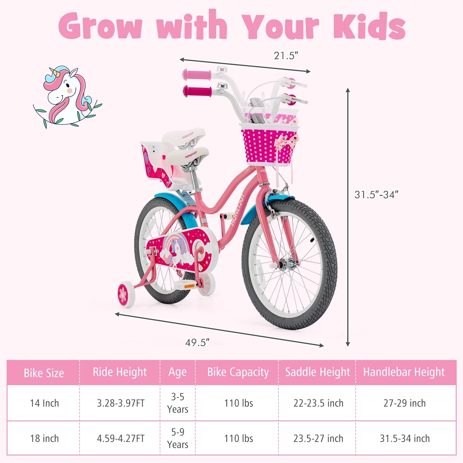 Infans 18 Inches Kids Bicycle w/Training Wheels & Basket for Boys & Girls Age 5-9 Years - Womvr