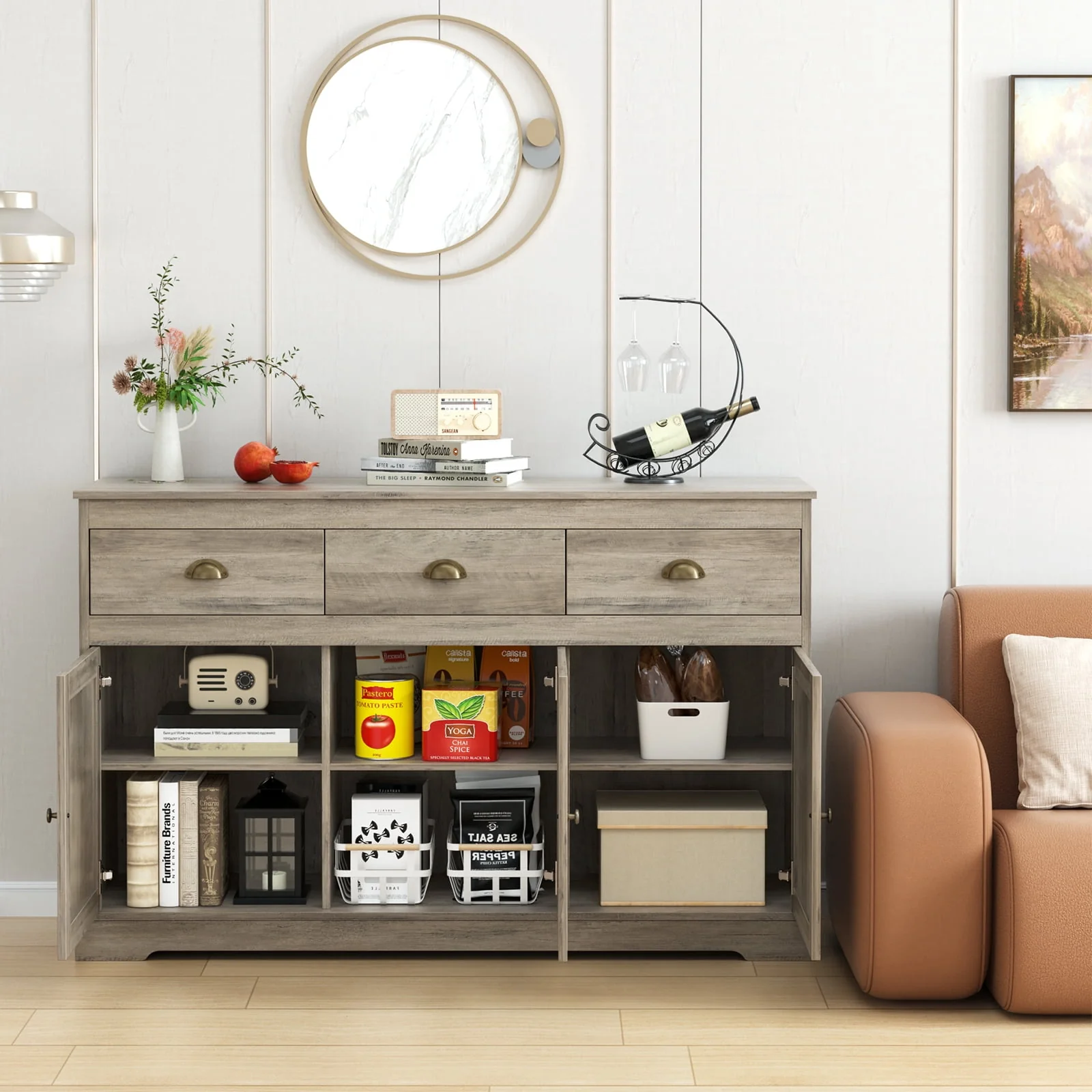 Homfa Sideboard Storage Cabinet with 3 Drawers & 3 Doors, 53.54'' Wide Buffet Cabinet for Dining Room, White - Womvr