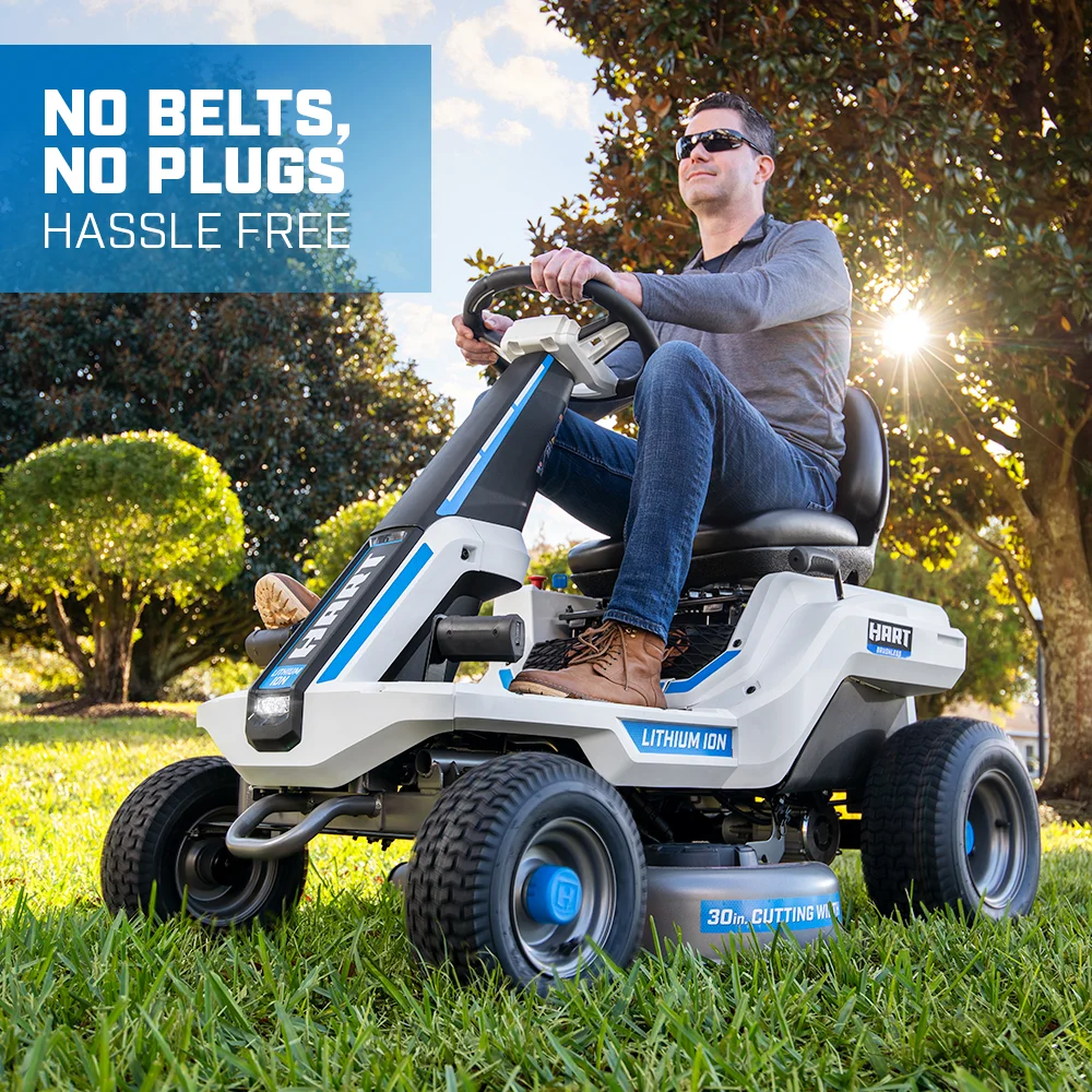 HART 80-Volt 30-inch Deck Lithium-Ion Riding Lawn Mower Kit, (1) Super Charger - Womvr