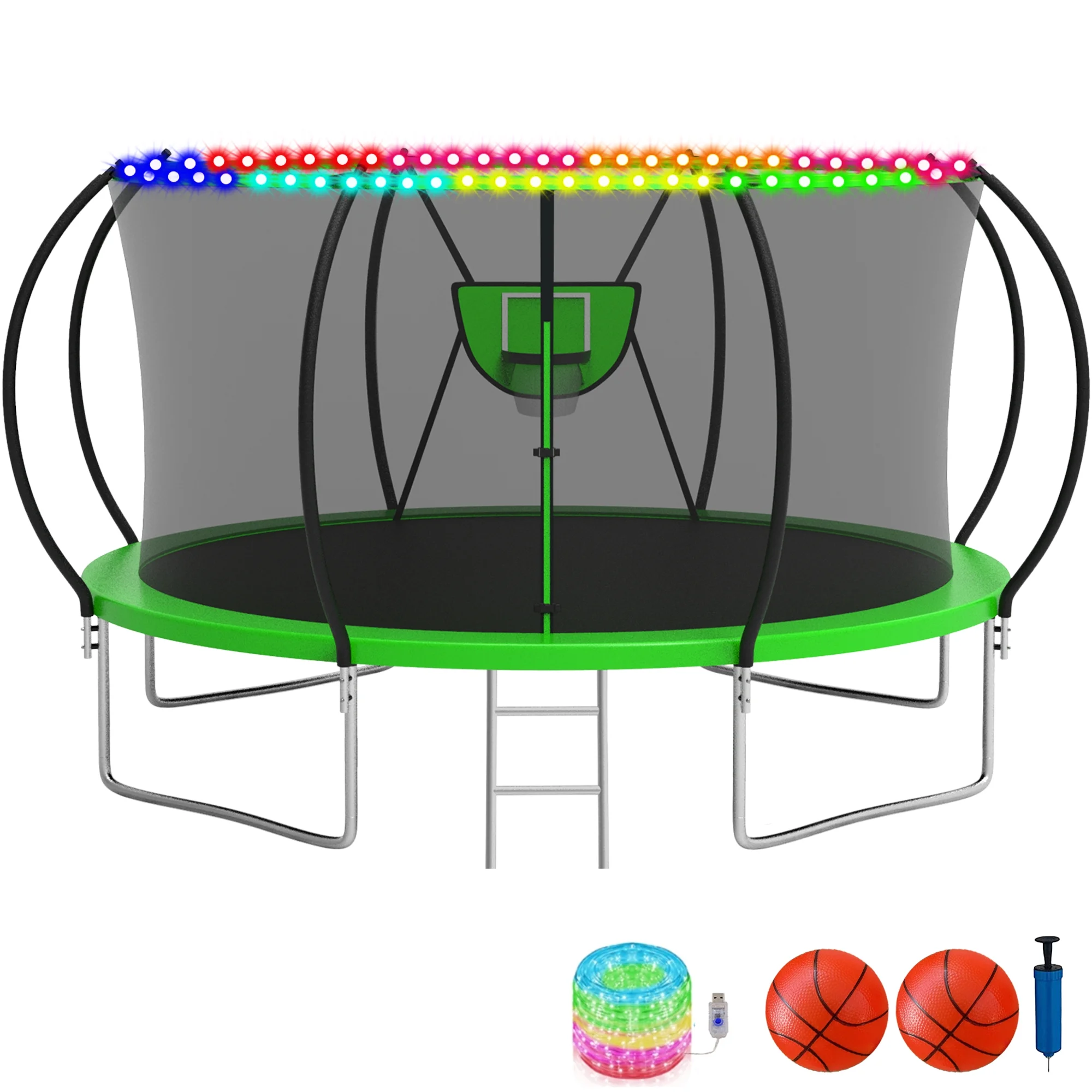 KOFUN Trampoline with Basketball Hoop & Light, 1500lbs 10FT 12FT 14FT 16FT Trampoline for Adults and Kids, No Gap Design Backyard Trampoline with Enclosure Net, Ladder, Green - Womvr