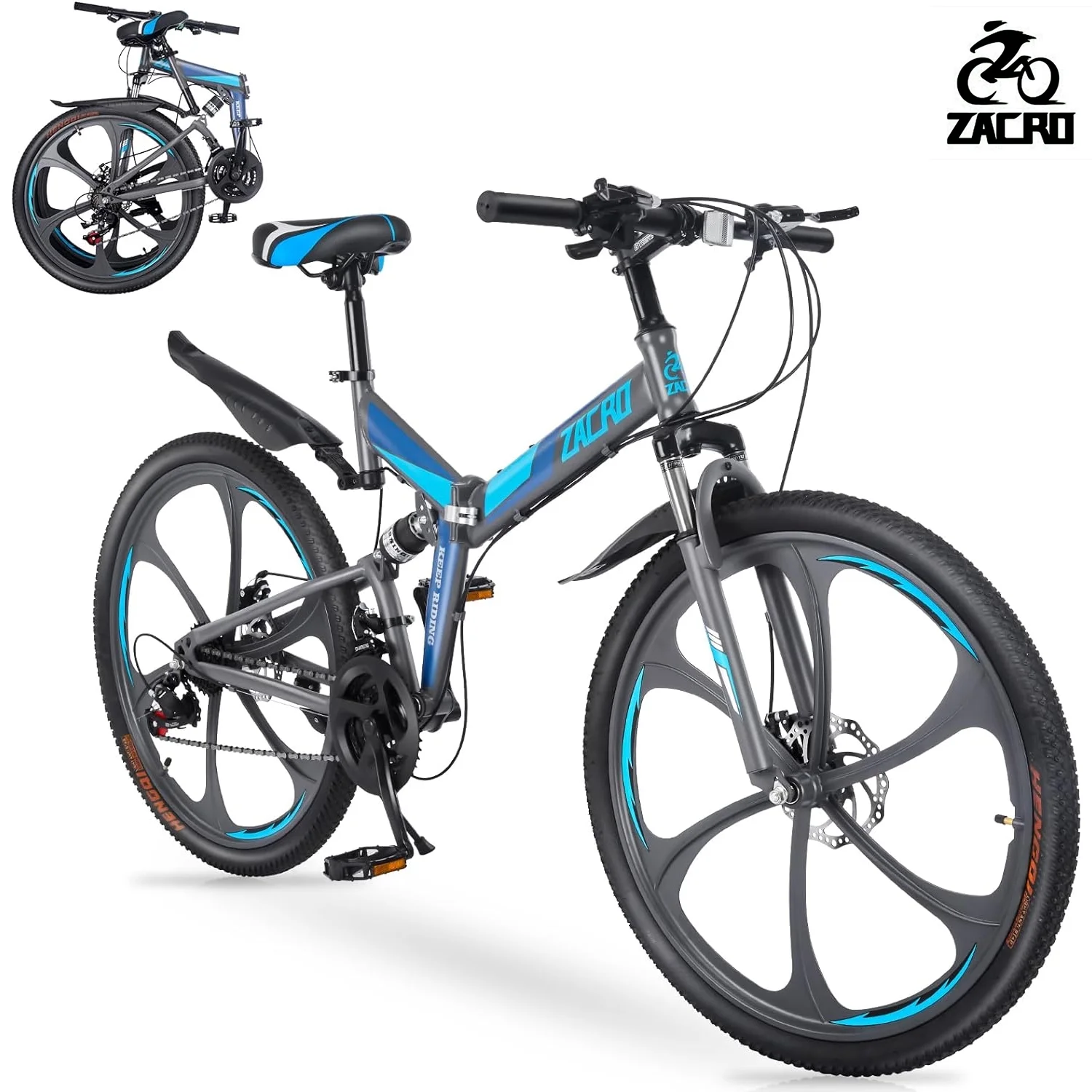Zacro 26 Inch Folding Mountain Bike, 24 Speed Dual Disc Brake Alloy Wheels MTB Bicycle for Men Women Adults Youth, Blue - Womvr