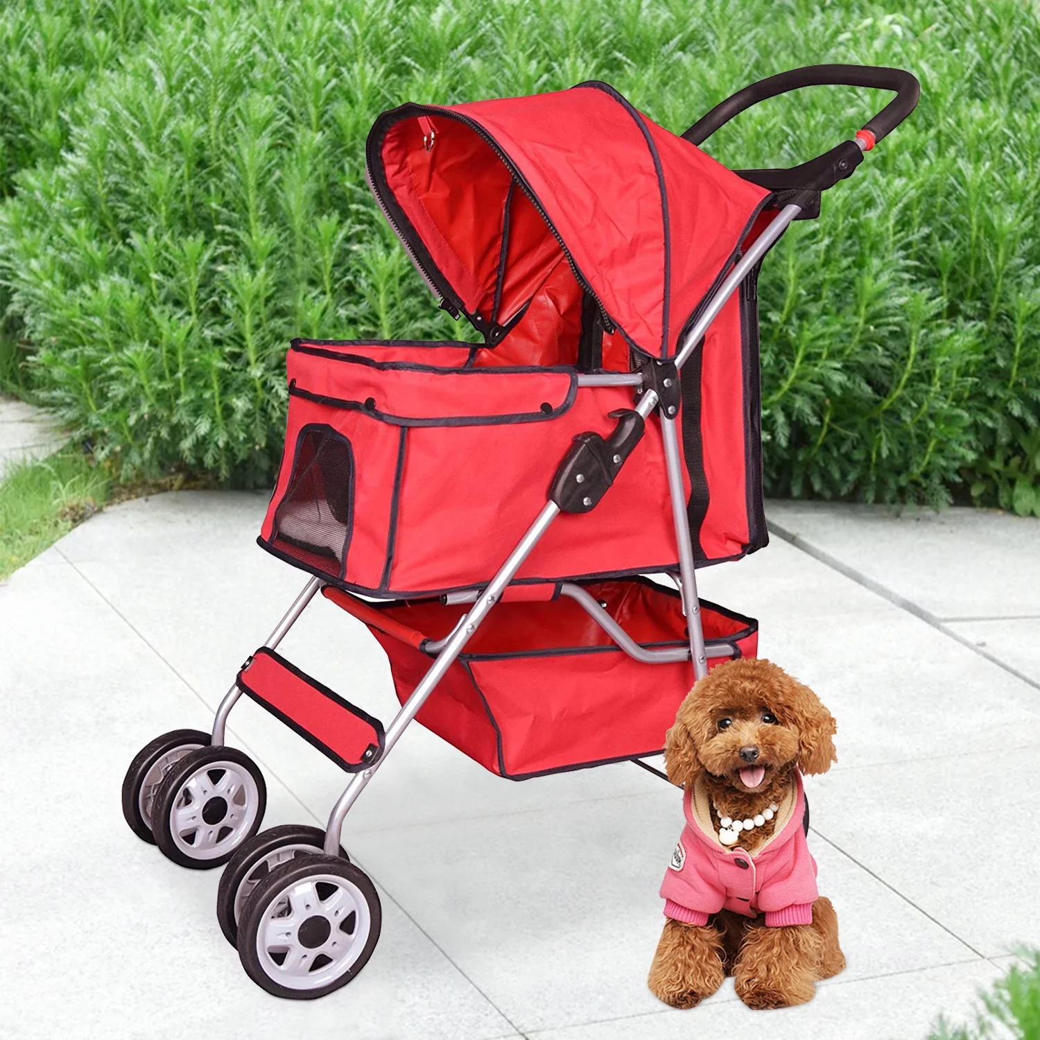 4 Wheels Pet Stroller Foldable Dog Stroller Cat Stroller with Storage Basket & Removable Liner, Travel Lite Foldable Carrier Strolling Cart for Dogs Cats, Black - Womvr