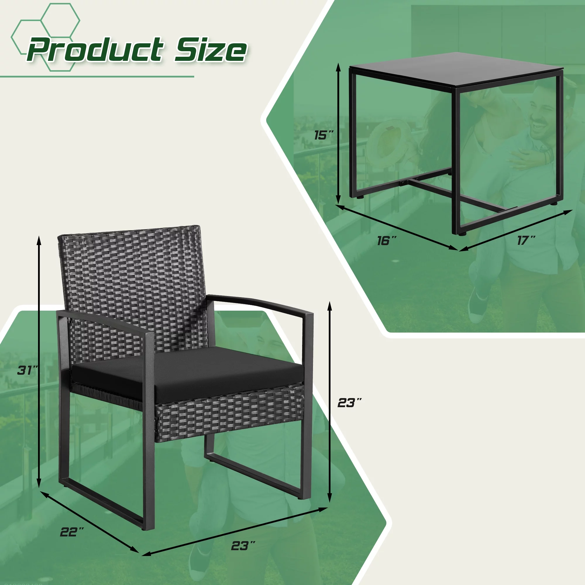 Homall Patio Furniture 3-Piece Set Casual Wicker Chair Bistro Chair with Coffee Table, Black - Womvr