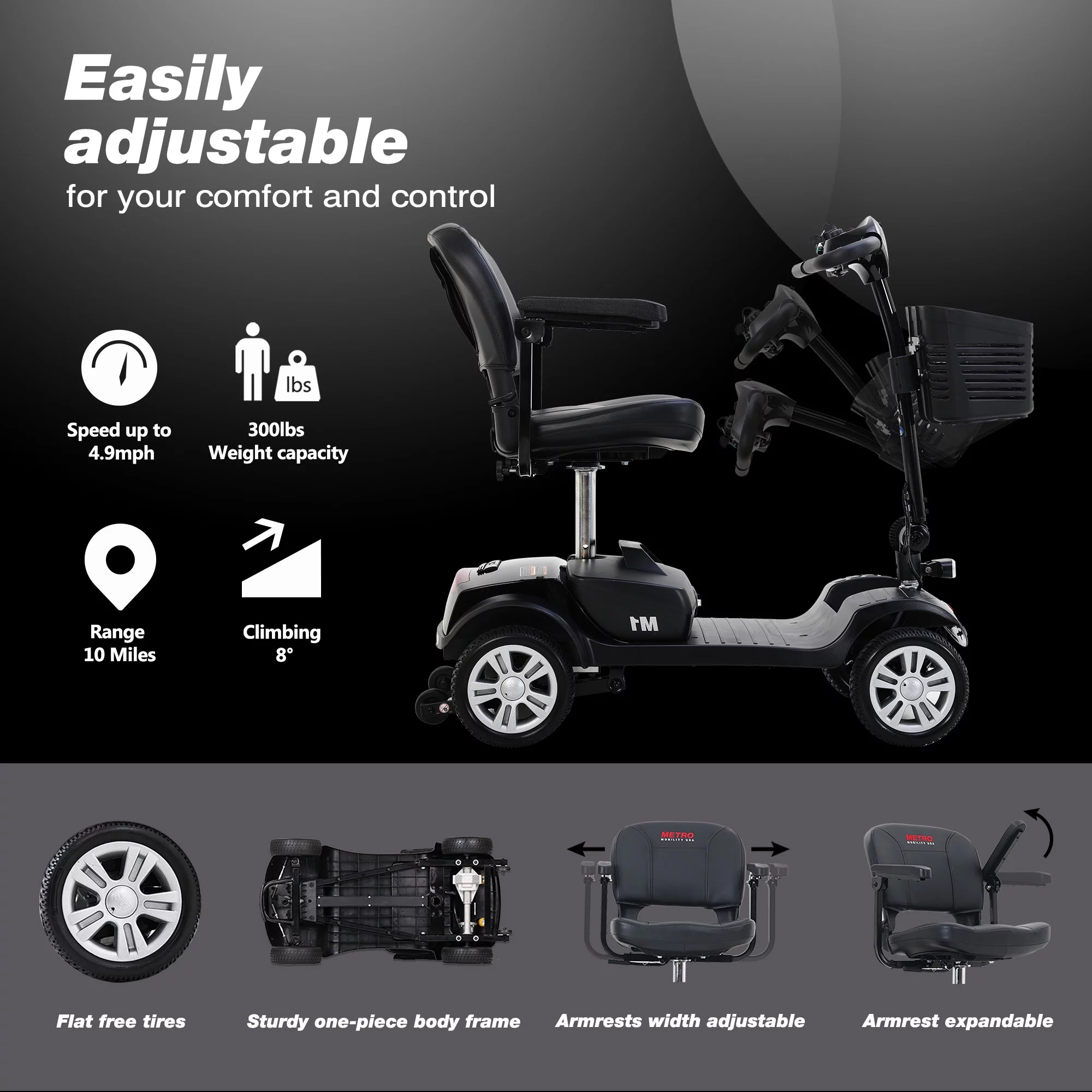 BTMWAY Mobility Scooter, 4 Wheels Electric Scooter for Seniors, Compact Folding Travel Mobility Scooters for Adult, Transformer Mobility Scooter with Swivel Seat, Front and Rear LED Light, Silver - Womvr