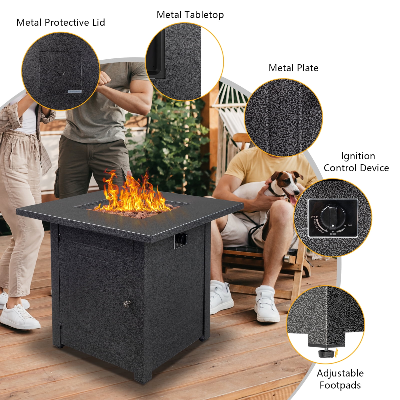 43.3 inch Gas Fire Pit Table, SYNGAR 2-in-1 50,000 BTU Propane Gas Fire Pit Table, Outdoor Propane Fire Pit with Glass Wind Guard, Blue Rocks and Lid, for Patio, Backyard, Garden, Poolside, D4620 - Womvr