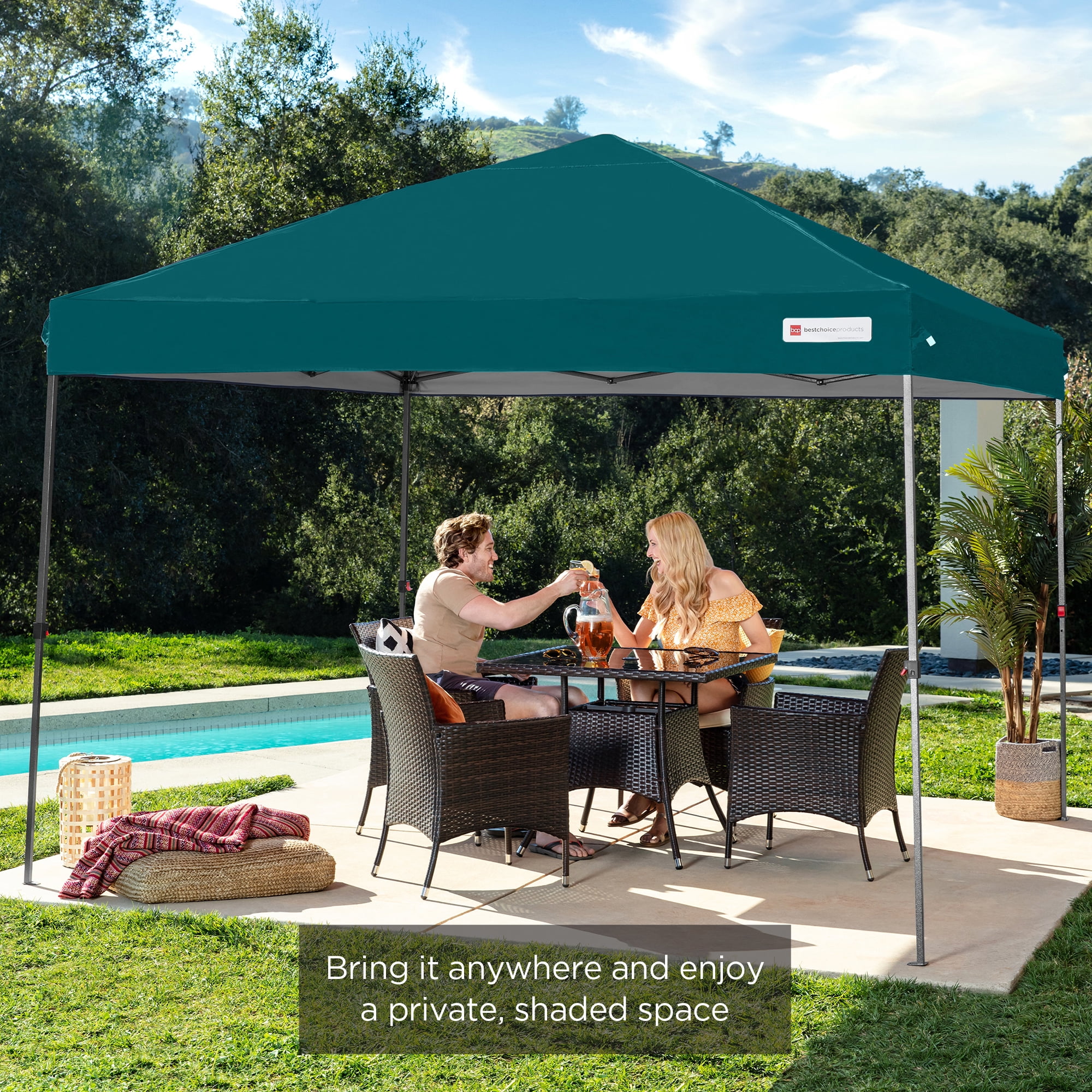 Best Choice Products 10x10ft Easy Setup Pop Up Canopy w/ 1-Button Setup, Wheeled Case, 4 Weight Bags - Cerulean - Womvr