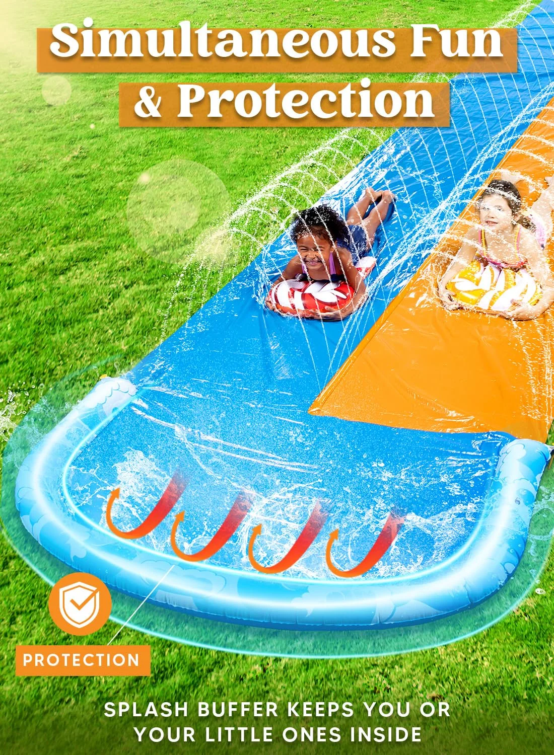 Syncfun 22.5ft Water Slides and 2 Bodyboards, Lawn Backyard Waterslides Water Toy with Build Sprinkler for Kids Outdoor Water Fun - Womvr