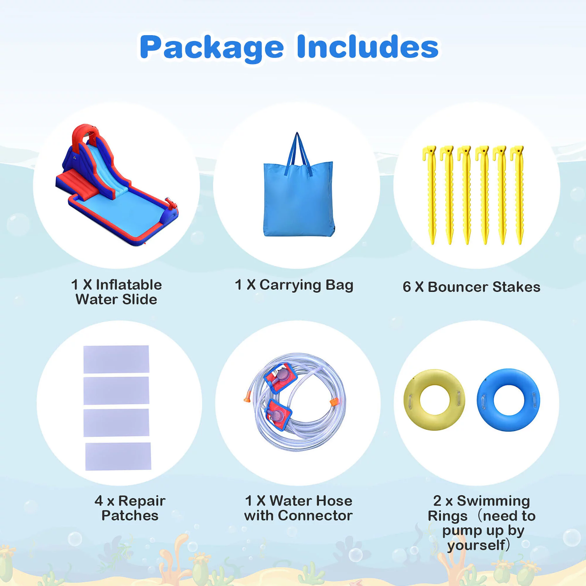 Gymax Inflatable Water Slide Park w/ Climb Slide Pool & 2 Swim Rings Blower Excluded - Womvr