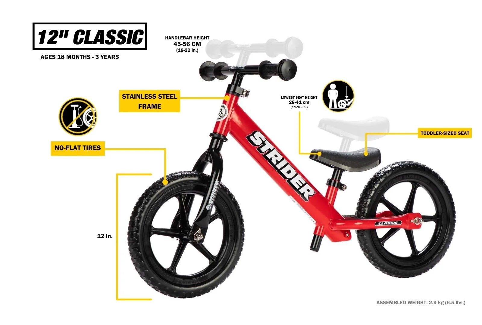 Strider 12 Classic Entry Balance Bike for Toddler Kids 18 - 36 Months Old, Red - Womvr