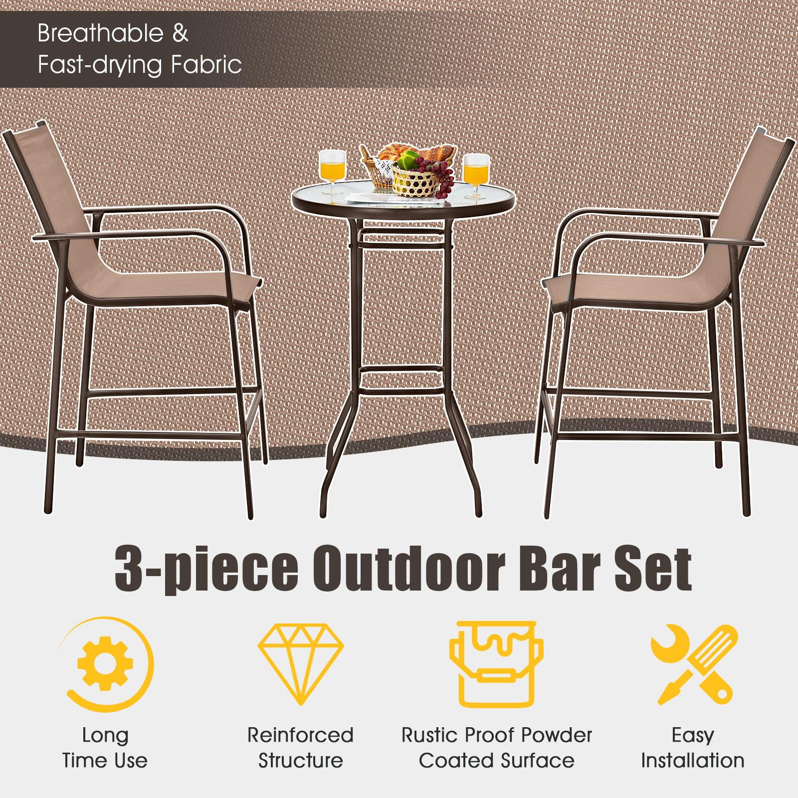 Giantex 3 Pieces Outdoor Patio Bar Set, Outdoor Bistro Set with 2 Bar Stools and 1 Tempered Glass Bar Table, Bar Height Patio Table and Stools Set for Backyard, Garden, Lawn (Black) - Womvr