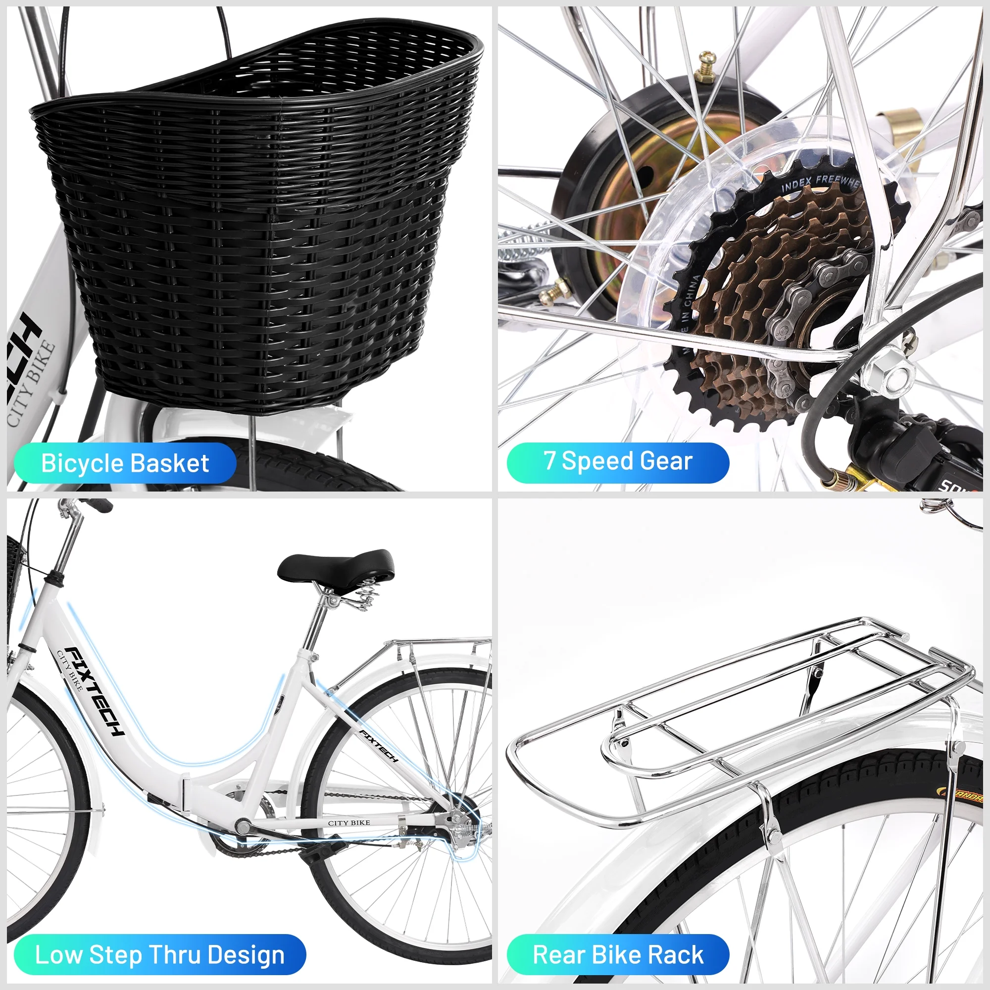 FIXTECH 26 Inch 7 Speed Foldable City Bike, Cruiser Bike, Carbon Steel Bicycle for Adults, White - Womvr