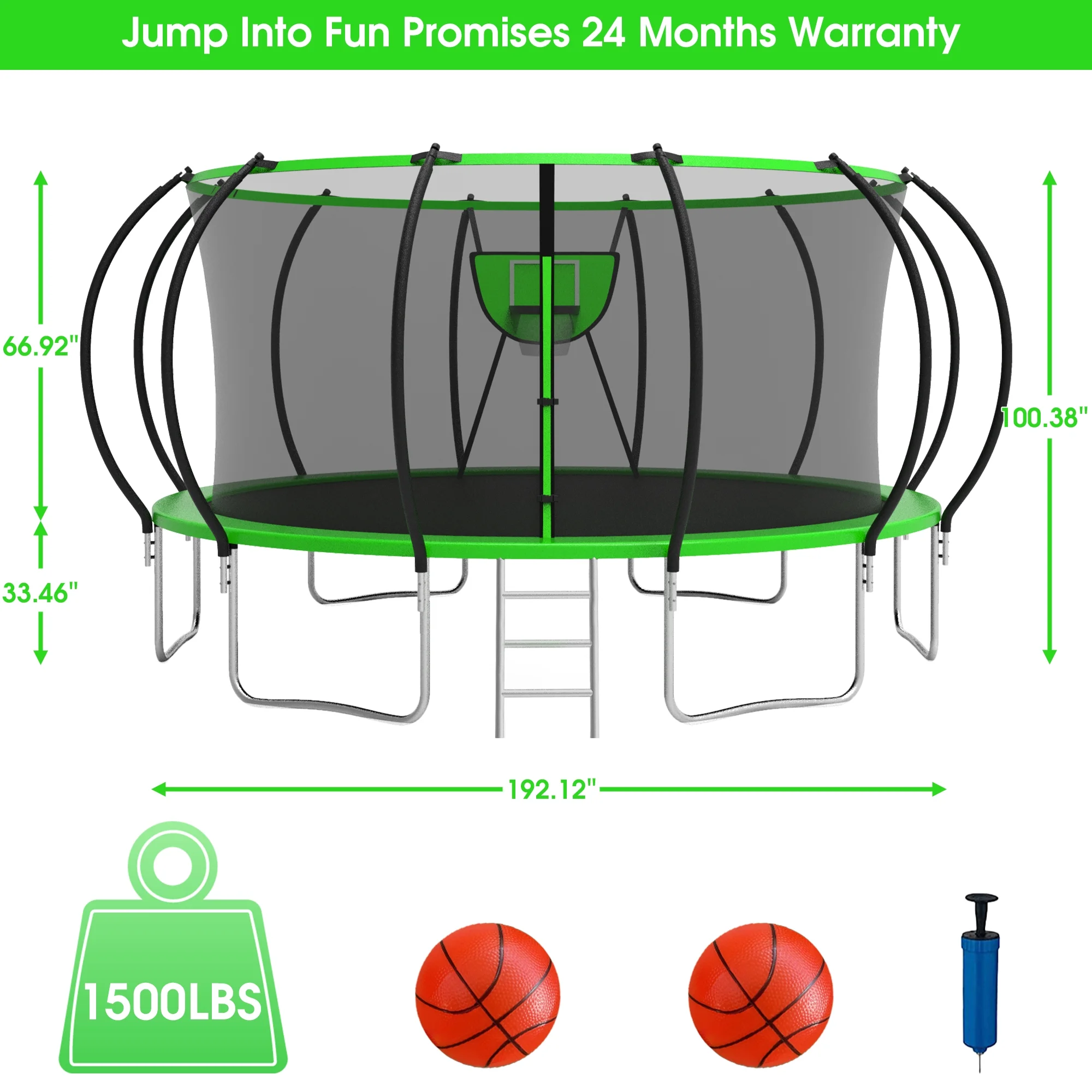 Jump Into Fun Trampoline 16FT, 1500LBS Trampoline for Adults/ 8-10 Kids, Trampoline with Enclosure, Basketball Hoop, 2 Balls, More Gifts, Galvanized Full Spray Round Outdoor Pumpkin Trampoline - Womvr