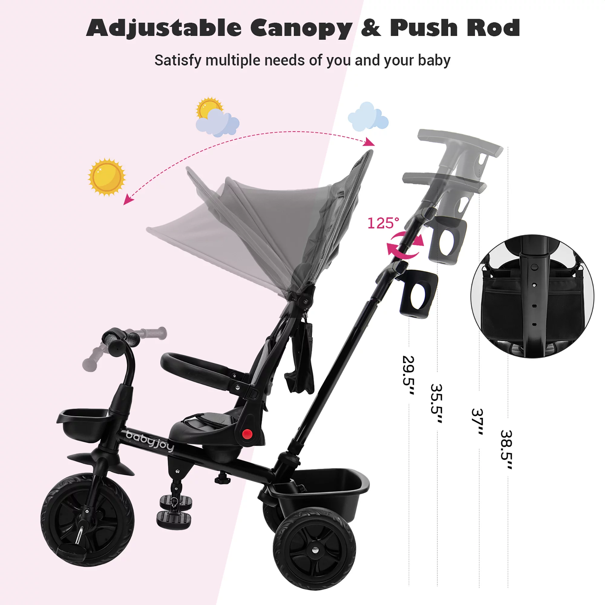 Babyjoy 4-in-1 Toddler Tricycle Reversible Baby Trike W/ Height Adjustable Push Handle - Womvr