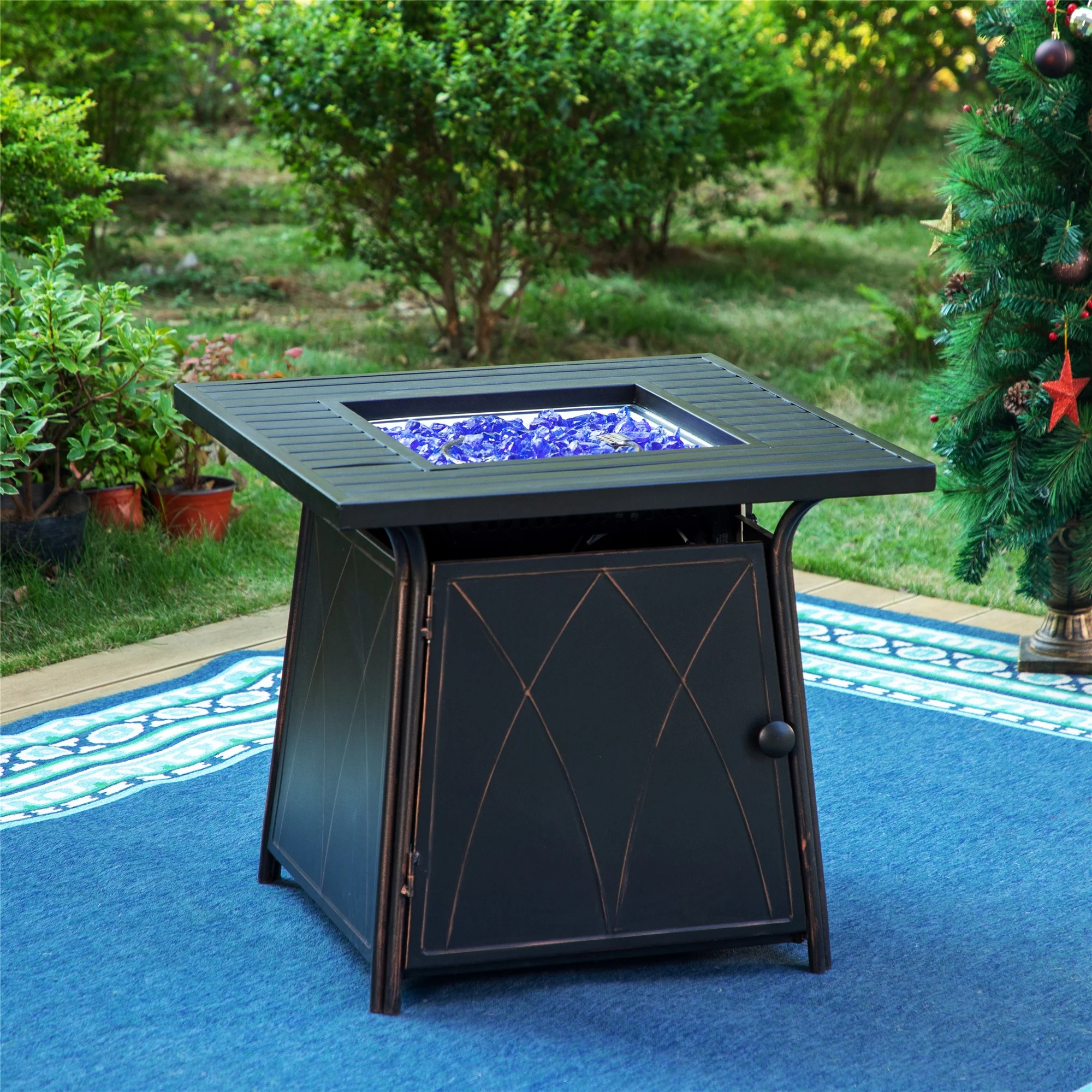 MF Studio 28'' Gas Fire Pit Table with 50,000 BTU Heat Output & Blue Fire Glass, Black - Womvr