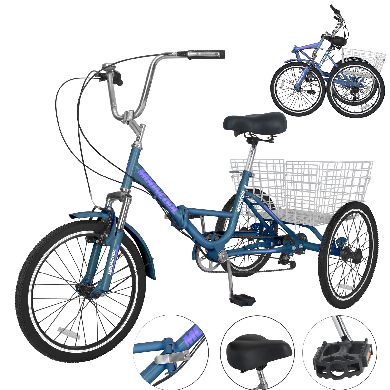 MOPHOTO 20/24/26 inch Adult Tricycle Folding 3 Wheel Cruiser Bikes 7 Speed, Portable and Foldable Trikes with Cargo Basket for Men & Women Outdoor Cycling, Purple - Womvr