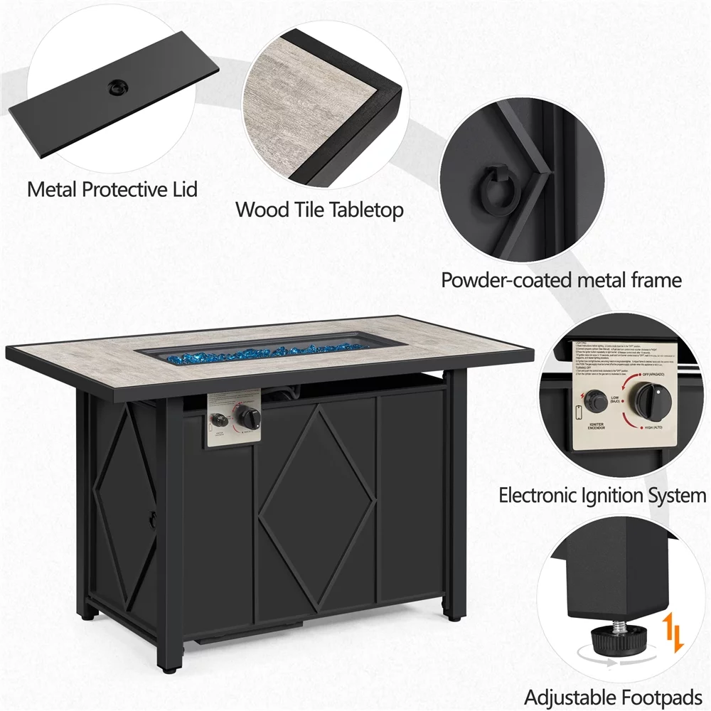 Alden Design 43in Propane Fire Pit Table with Ceramic Tabletop & Steel Base, Black - Womvr