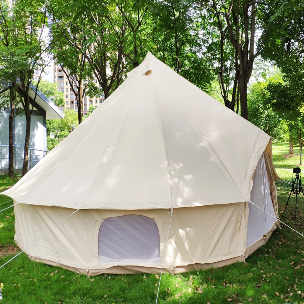 Latourreg Outdoor Glamping Waterproof Cotton Canvas 16.4ft(5M) Bell Tent with Side-Wall Stove Jack Glamping Yurt Tent with Mesh Screen Door and Windows - Womvr