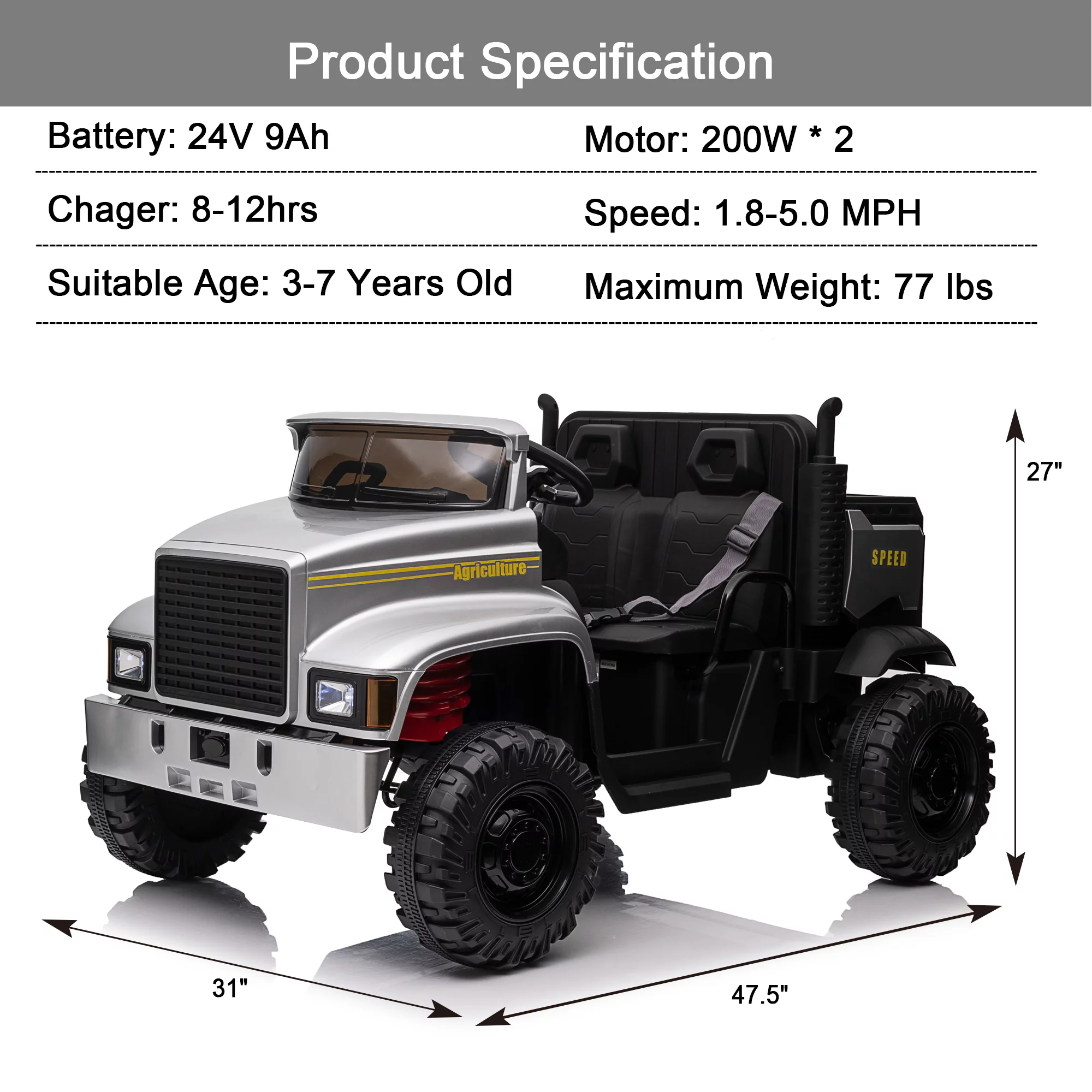 Hikiddo JC222 24V Ride on Toy, Kids Ride On Dump Truck 2 Seater with Remote - Womvr