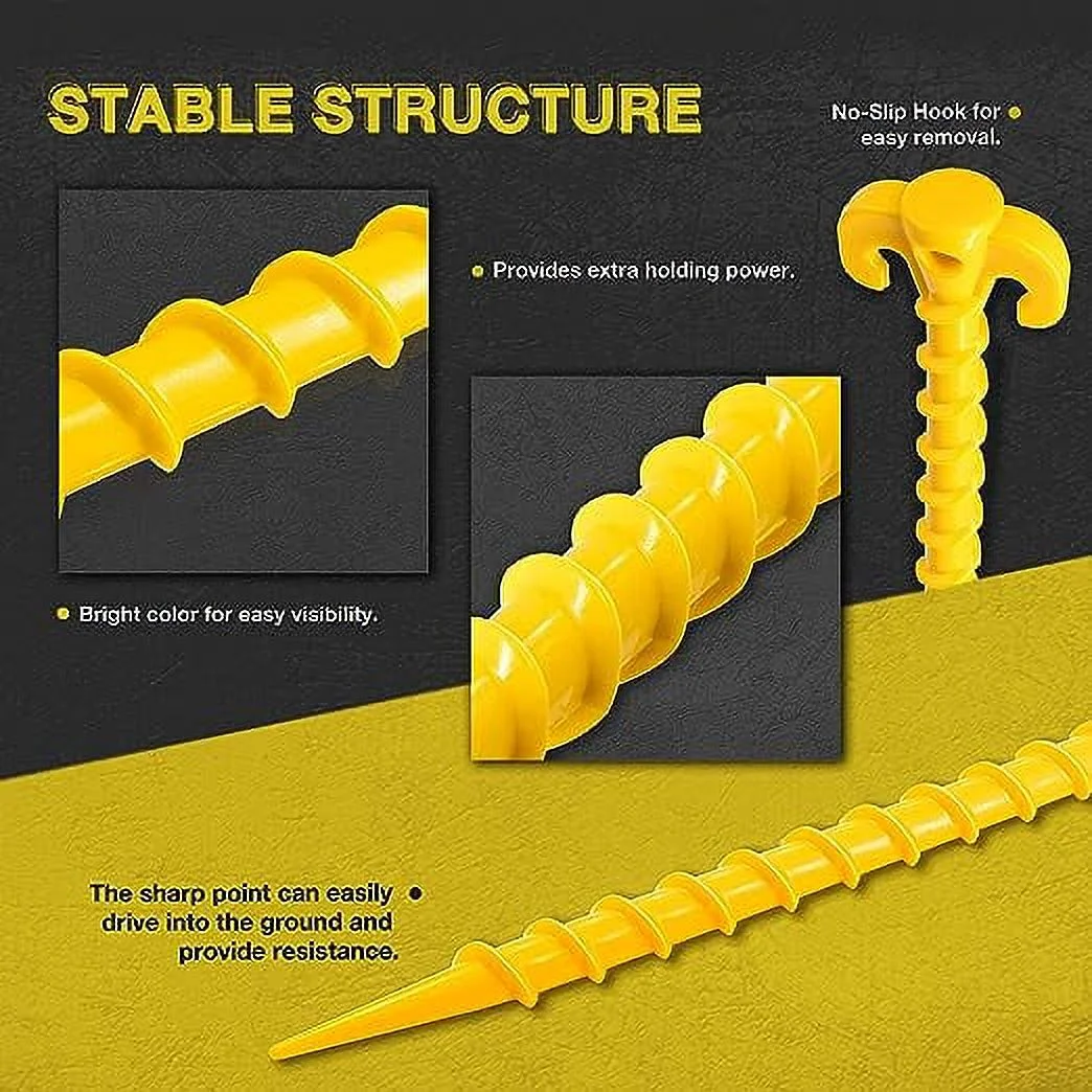 Kotto Large 10 inch Yellow Outdoor Tent Stakes Ultimate Ground Anchor Pegs, 8-Pack Heavy Duty Screw Style Plastic Ground Stakes - Womvr