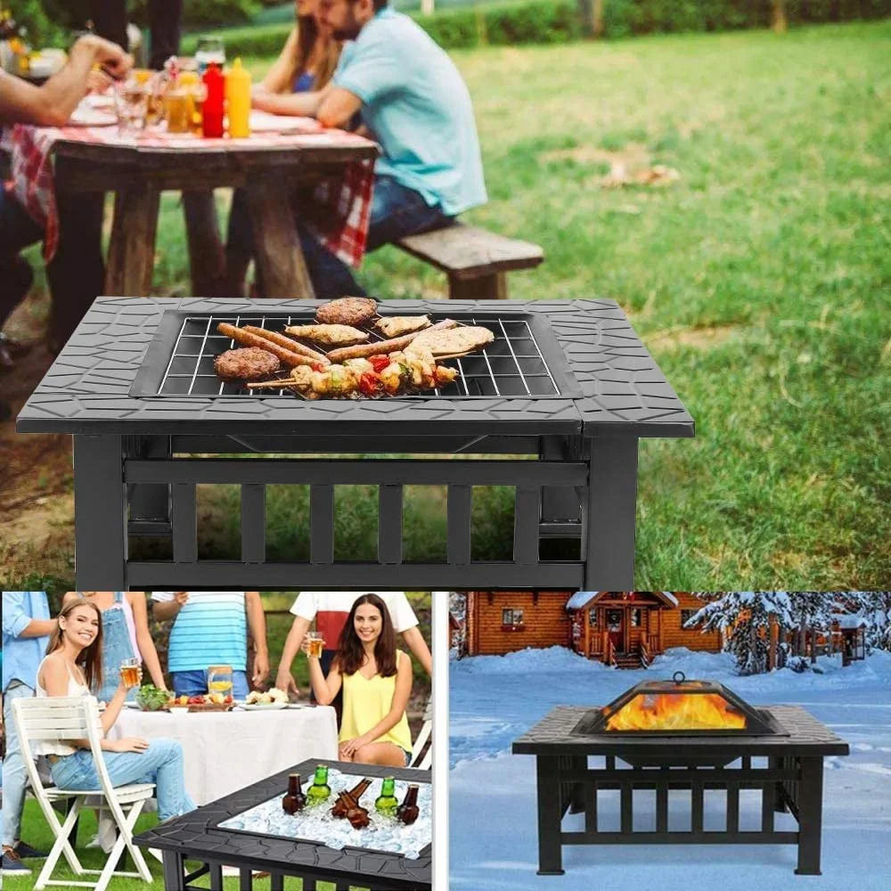 LAZY BUDDY Steel Fire Pits for Outside, 32'' Square Wood Burning Fire Pit Table, Outdoor Patio BBQ Firepit Bonfire Party - Womvr