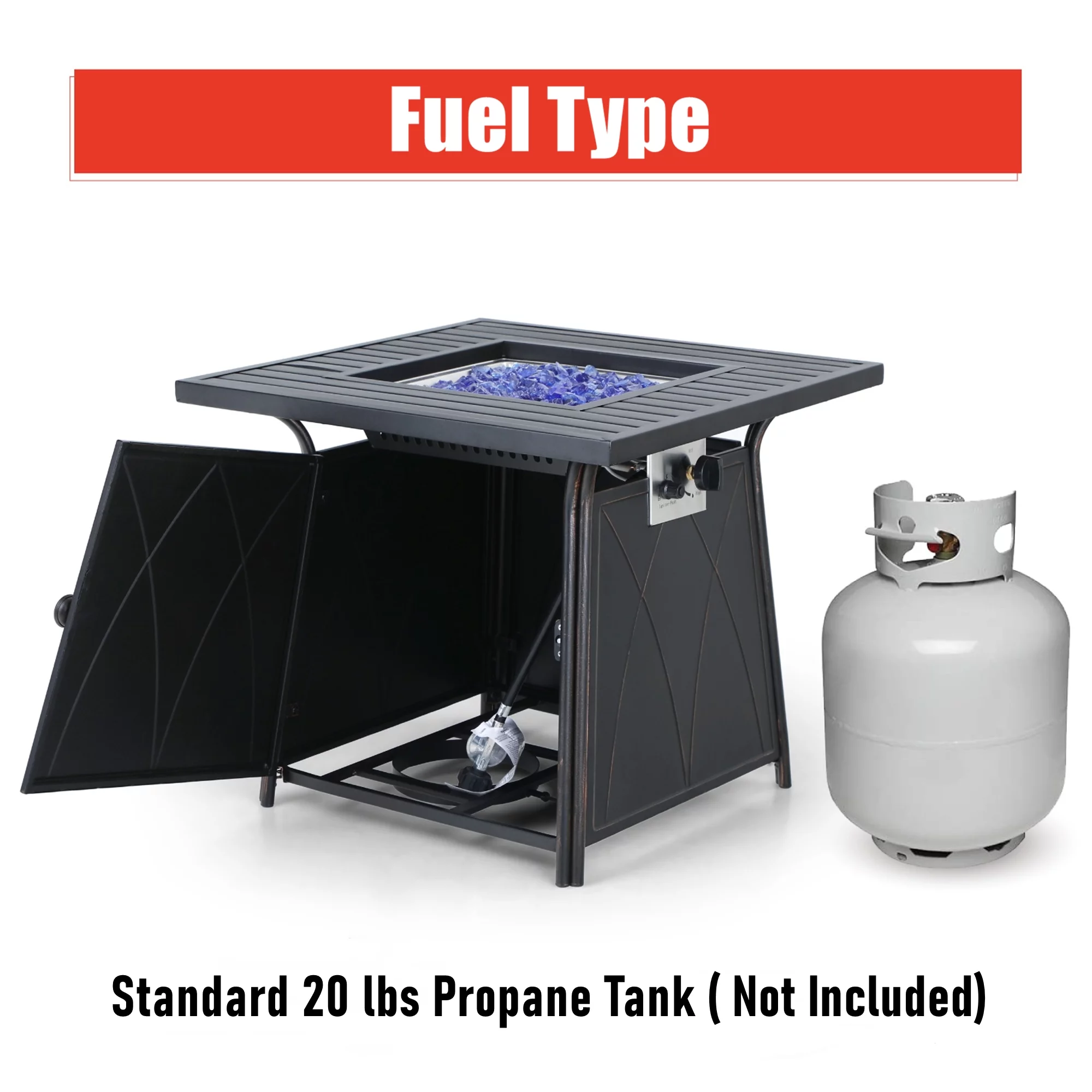 MF Studio 28'' Gas Fire Pit Table with 50,000 BTU Heat Output & Blue Fire Glass, Black - Womvr