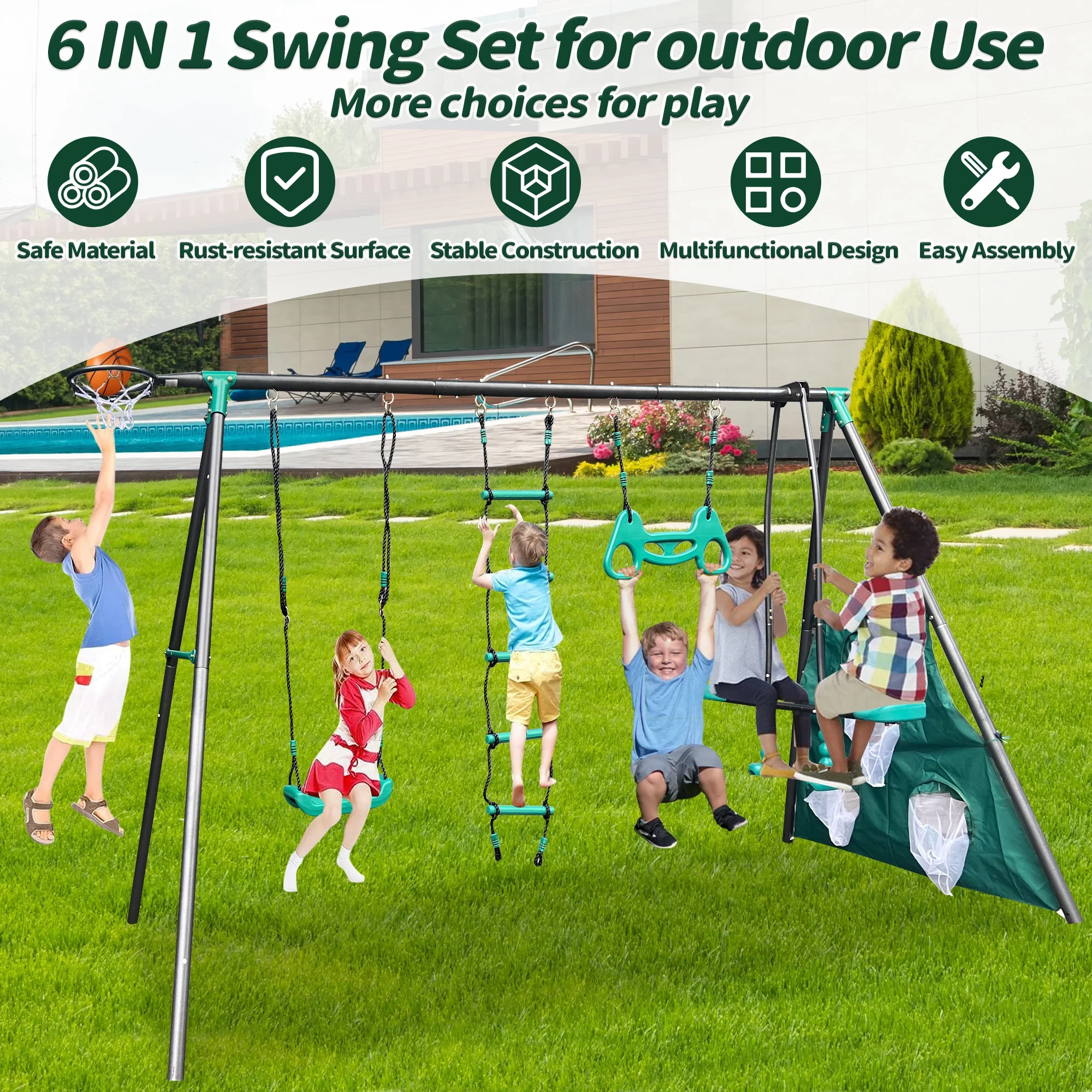 5 in 1 Metal Swing Set for Outside, Kids Backyard Swing Set with Swing Chair, Slide, Glider, Ground Nail, Outdoor Backyard Playground Swing Sets for 3-8 Year, Max Weight 700 lbs - Womvr