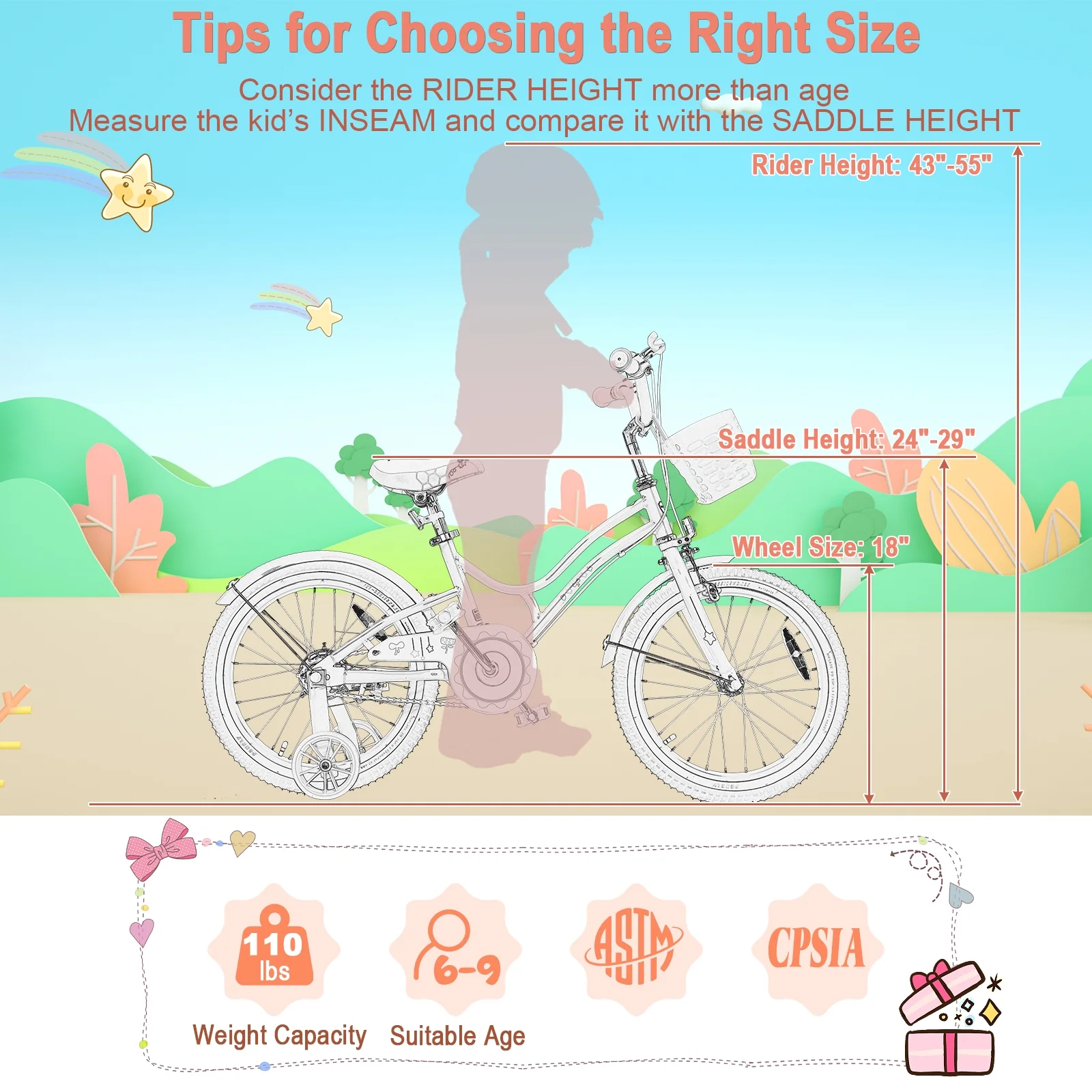 Babyjoy 18 Inch Kid Bike 95% Pre-Assembled Girls Bicycle with Training Wheels & Basket Age 6-9 Years Old Purple - Womvr