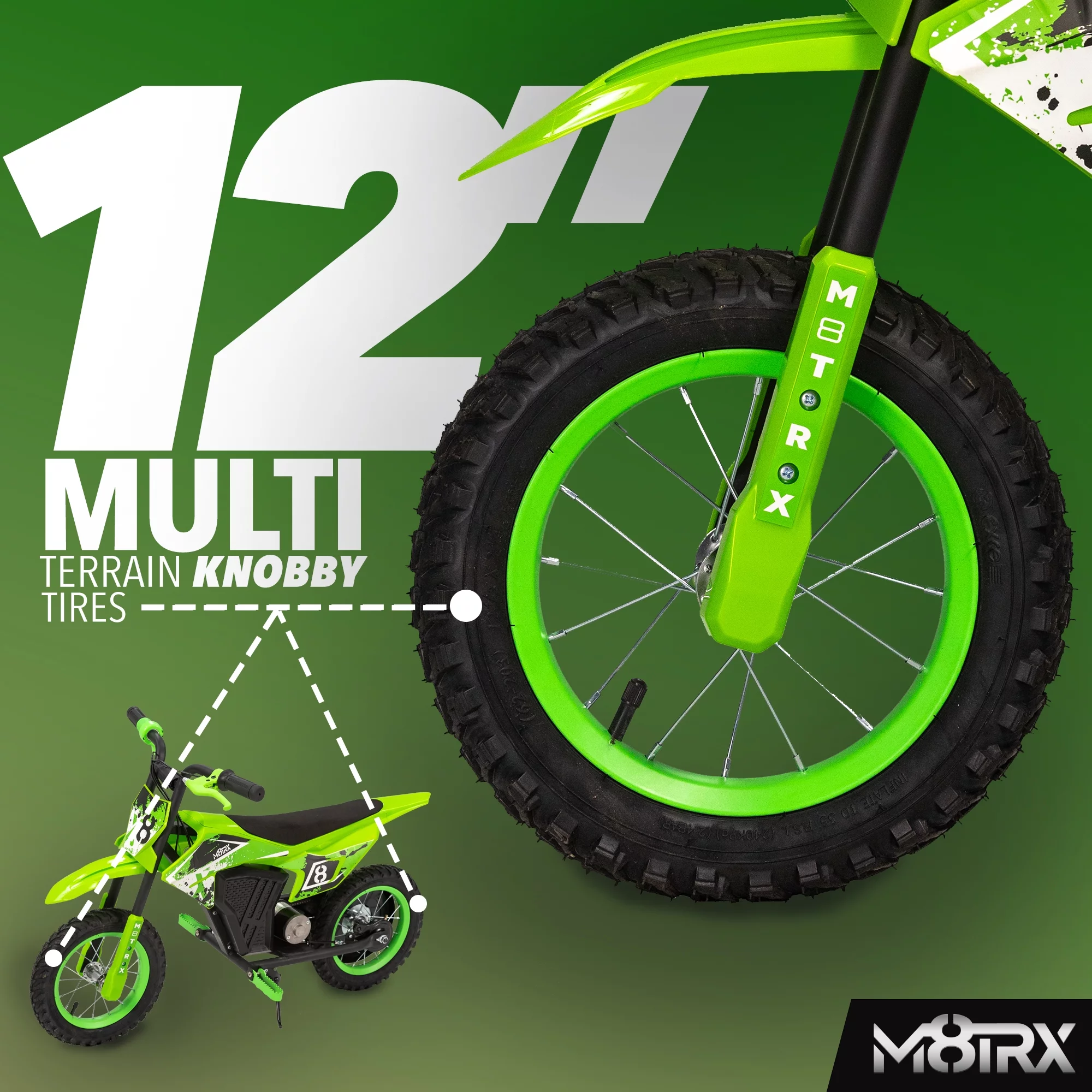 M8TRX 12V Mini Electric Child Dirt Bike, Battery Powered Toy Motorcycle, Kids Ride On, Ages 5 Years and Up, Green - Womvr