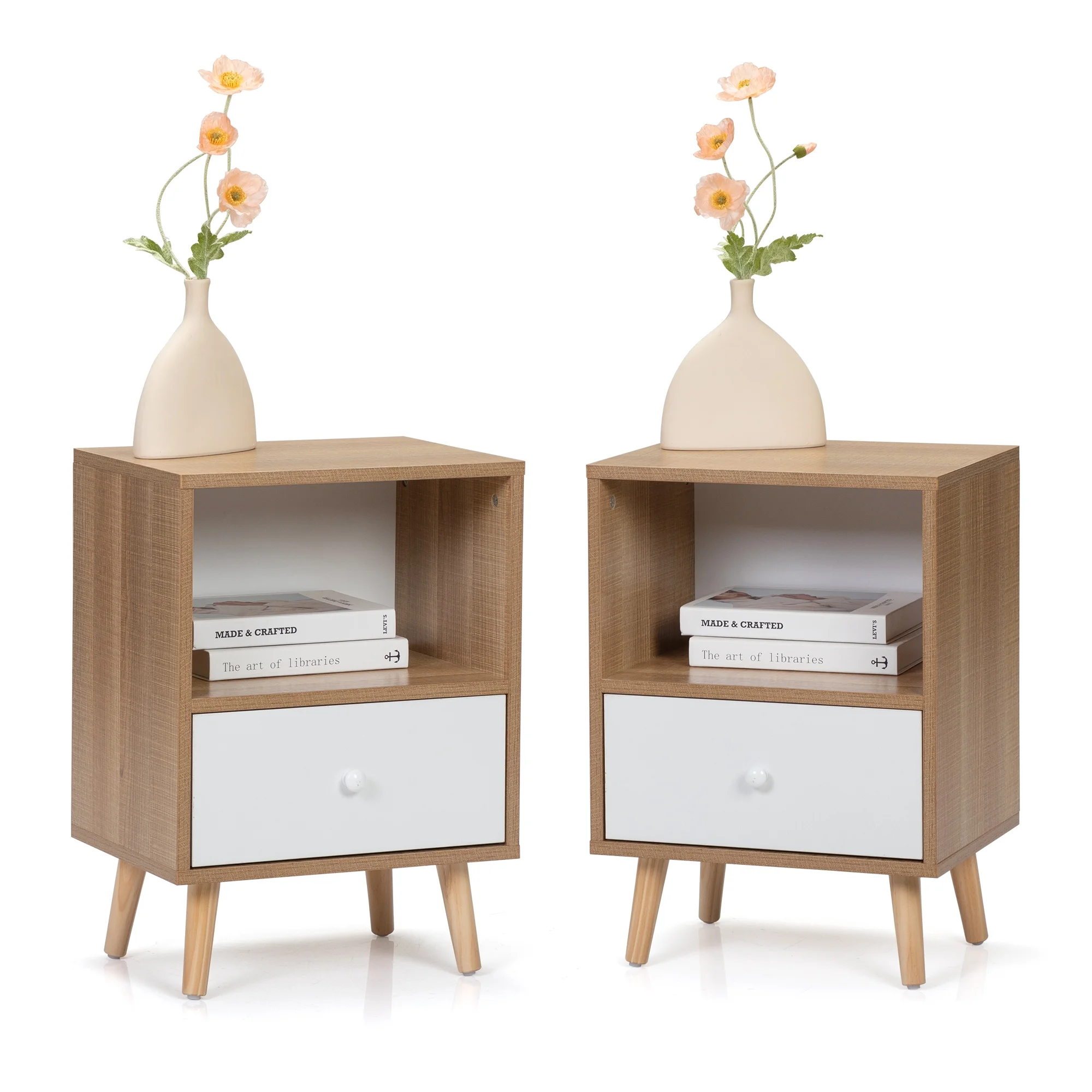 JAXPETY Nightstands Set of 2, Night Stand with 1 Drawer and Open Shelf Storage, End Table, Side Table, for Bedroom, Living Room, Natural Wood & White - Womvr