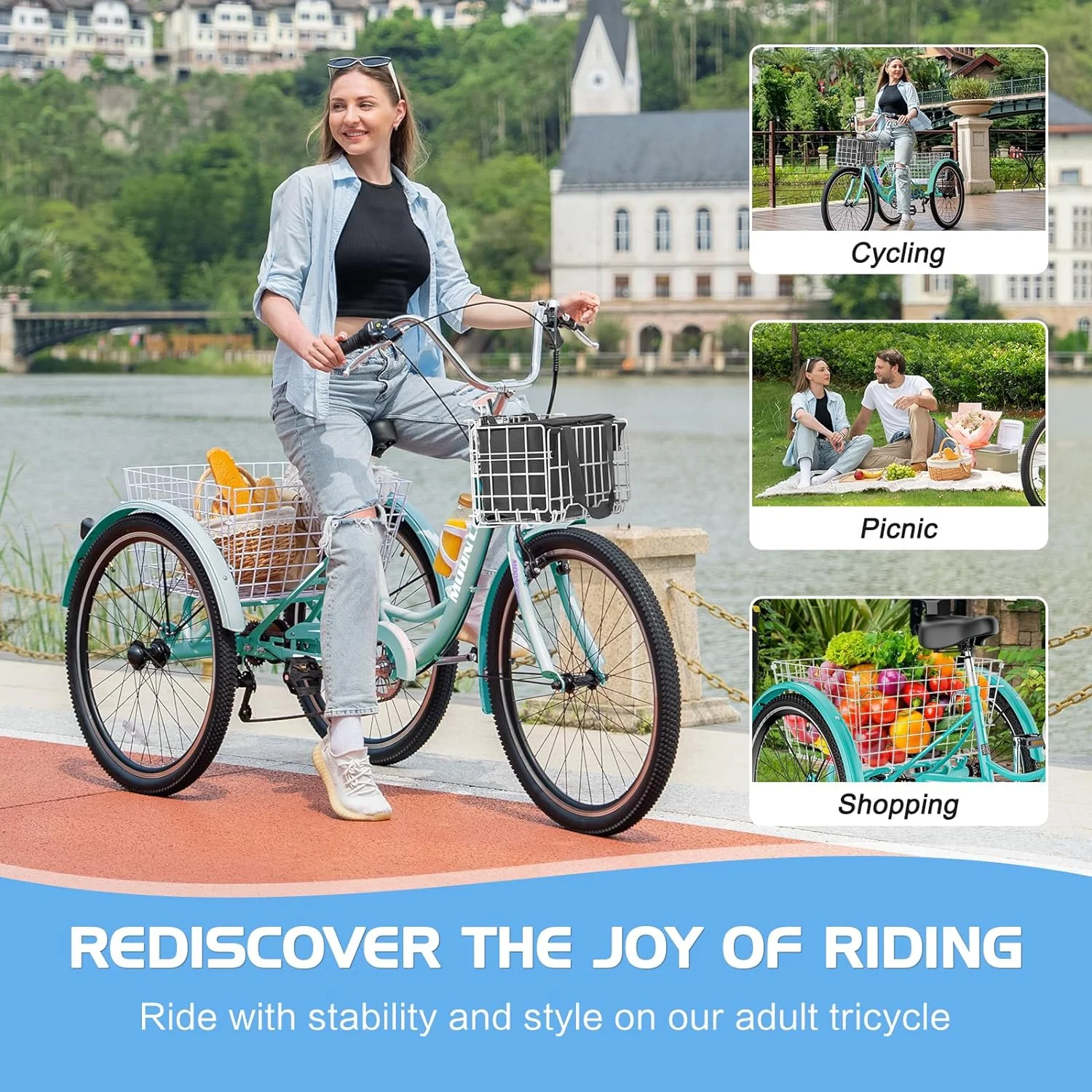 MOONCOOL Adult Tricycles with Rear Basket, 24 26 inch 7 Speed 3 Wheel Bikes, Three-Wheeled Bicycles Adult Trike with Backrest for Seniors, Women, Men - Womvr